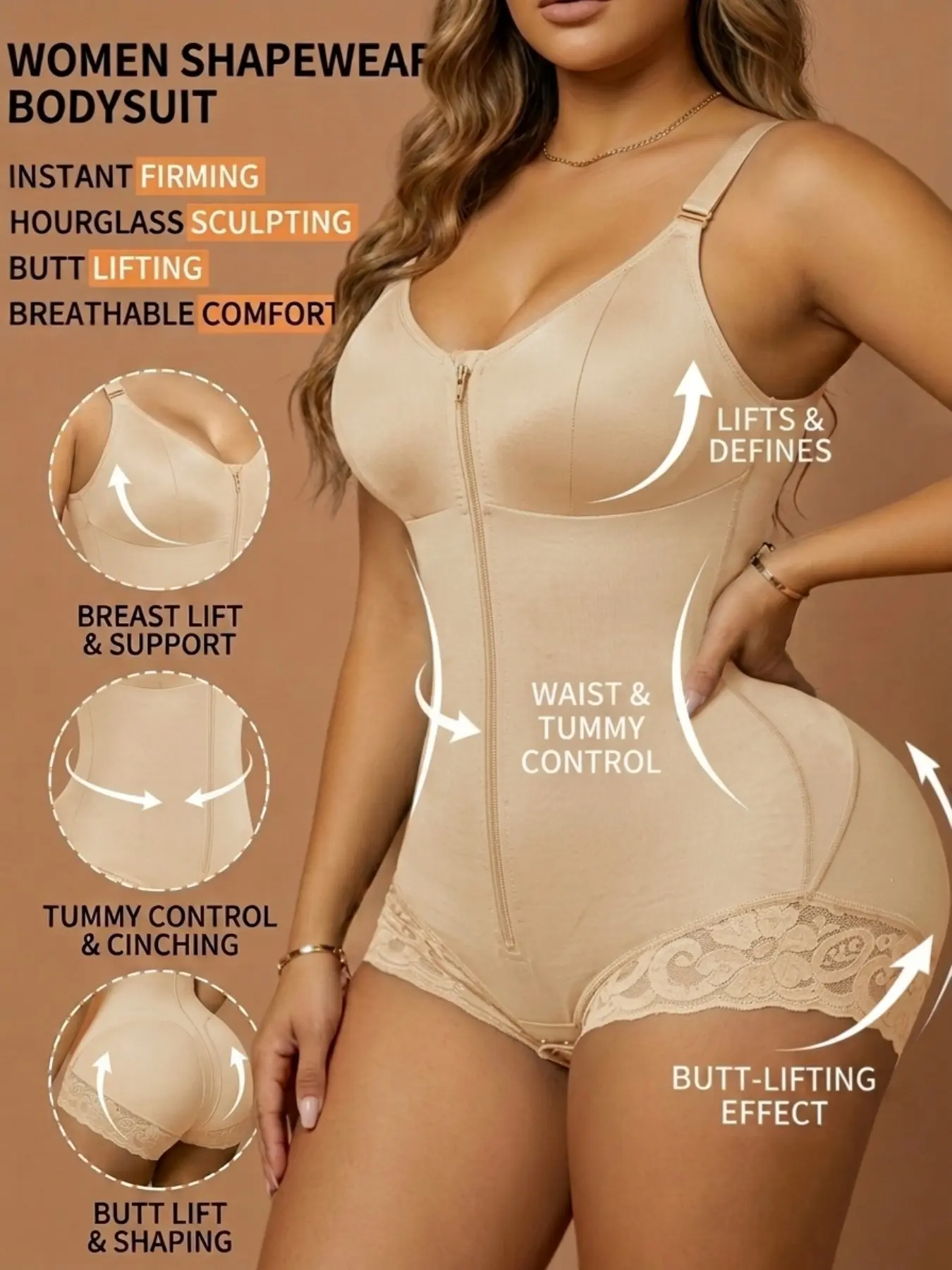 1 Count Women's Front-Zip Contouring Body Shaper, Smooth, Colombian Shapewear, Fajas, Lace Trim Shapewear Bodysuit, Butt Lifting & Tummy Control Jumpsuit, Mesh Back Breathable Shapewear, Ideal For Fashion Layering & Outfit Building