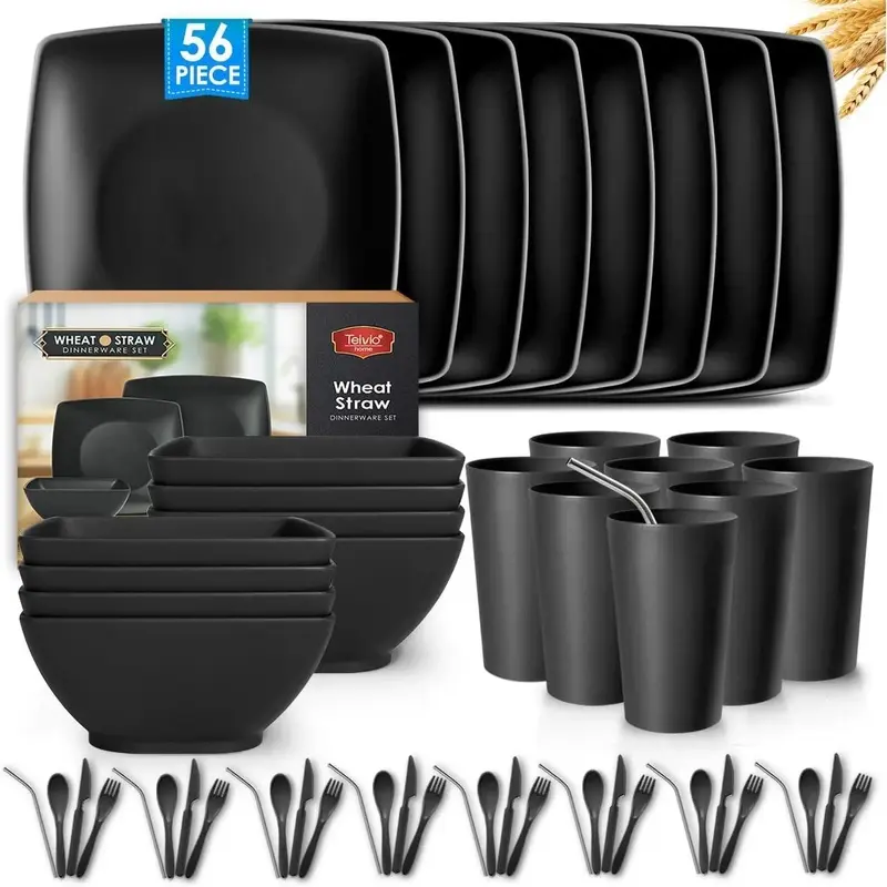 56-piece With Flatware Kitchen Plastic Wheat Straw Square , Unbreakable Dinner Plates, Snack Bowls, Tumblers 13.5 oz, Dishwasher Safe,black