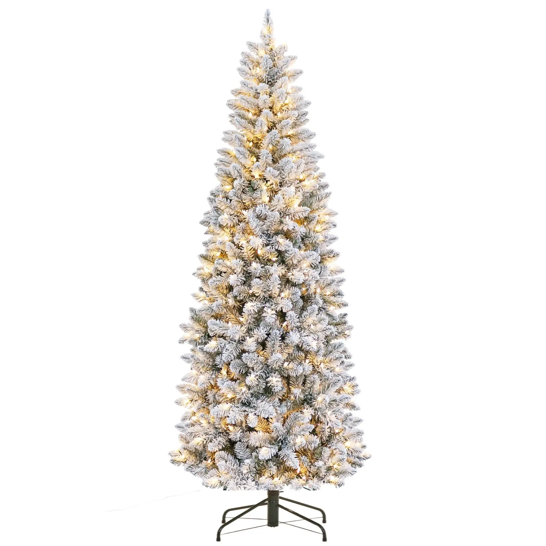 Pre-Lit Flocked Pencil Christmas Tree, 6ft/7.5ft Slim Artificial Tree. Snow Covered, Warm White LED Lights. Space Saving for Apartment, Office, Corner. Easy Assembly, Hinged Branches. Flame-Retardant PVC. Xmas Decor