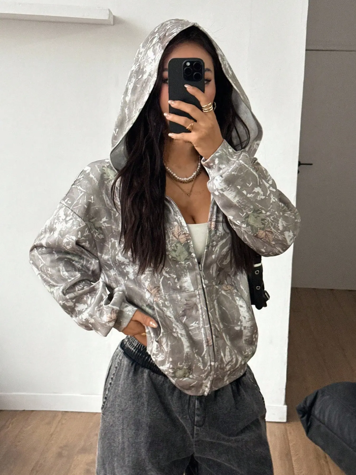 Women's Leaf Camo All Over Print Zipper Hoodie, Y2K American Vintage Loose Long Sleeve Open Front Jacket, Streetwear Casual Outerwear for All Seasons