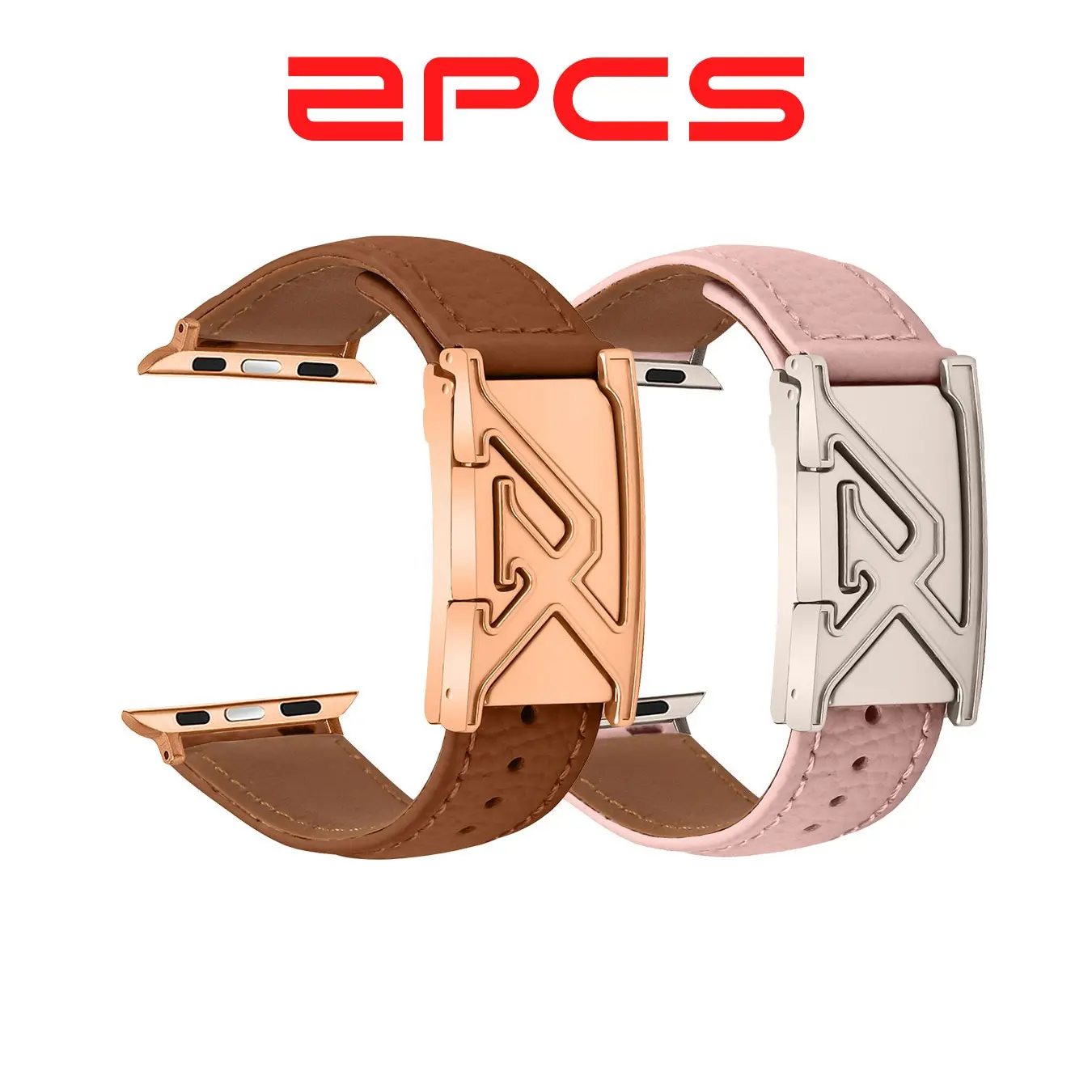 2 Pcs Genuine Leather Watch Strap, Rose Gold X Clasp, Fits Apple Samsung Huawei, Elegant Replacement Band, Multiple Combinations, Smartwatch Replacement Straps