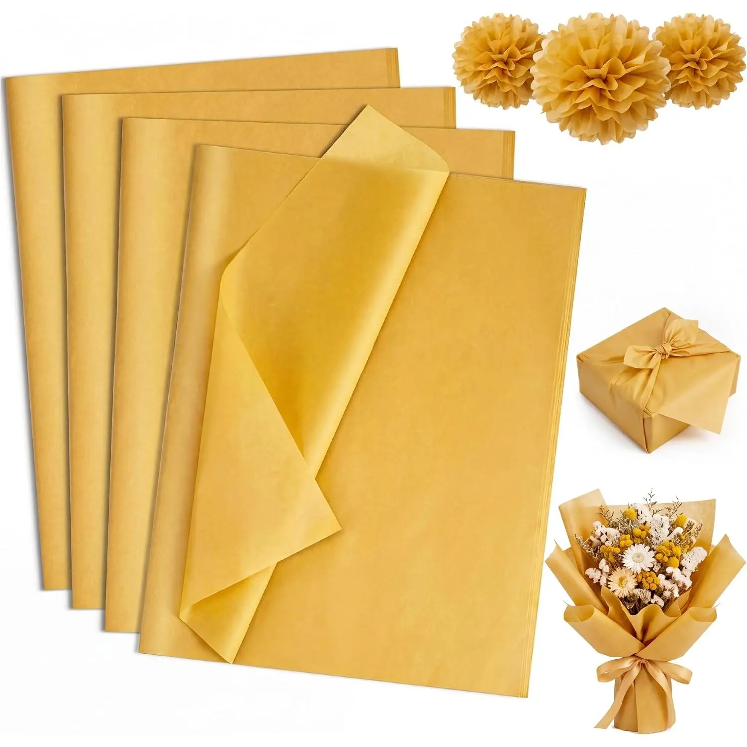 Gold Rectangular Gift Tissue Paper Bulk Pack (20x14 in, 160 Sheets) - for Gift Wrapping, Crafts, Wedding Decorations