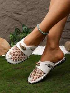 Women's Fishnet Shoes, Breathable Comfort Flat Casual Shoes, Fashion Versatile Sailor Shoes, Water-Resistant, Metal Decorated Toe Shoes