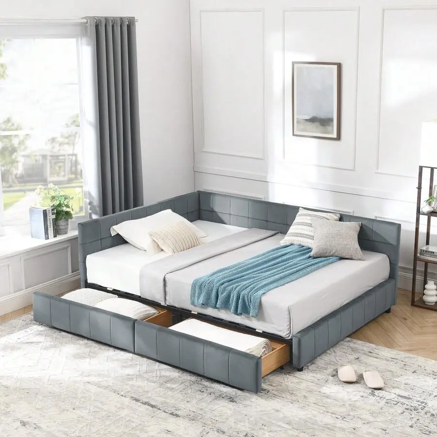 Full L-Shape Corner Bed Frame With Two Drawers, Velvet Upholstered Tufted Daybed With Slat, Floor Platform Bed With Soft Headboard Bedroom Nook, No Box Needed