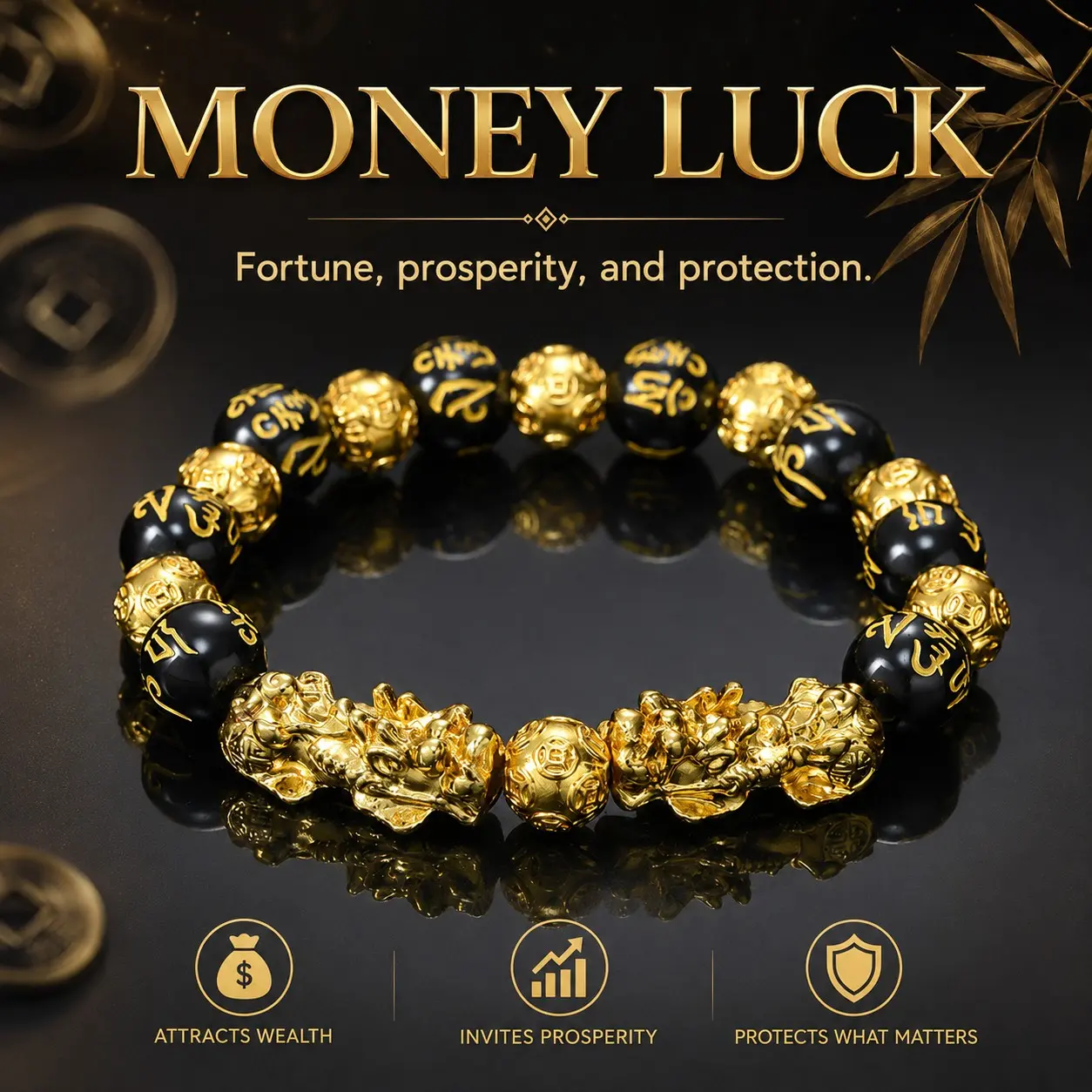 Men's 12mm Black Gold Pixiu Motif Resin-Plastic Stretch-Fit Beading Bracelet - Everyday Fashion Costume Jewelry Accessory