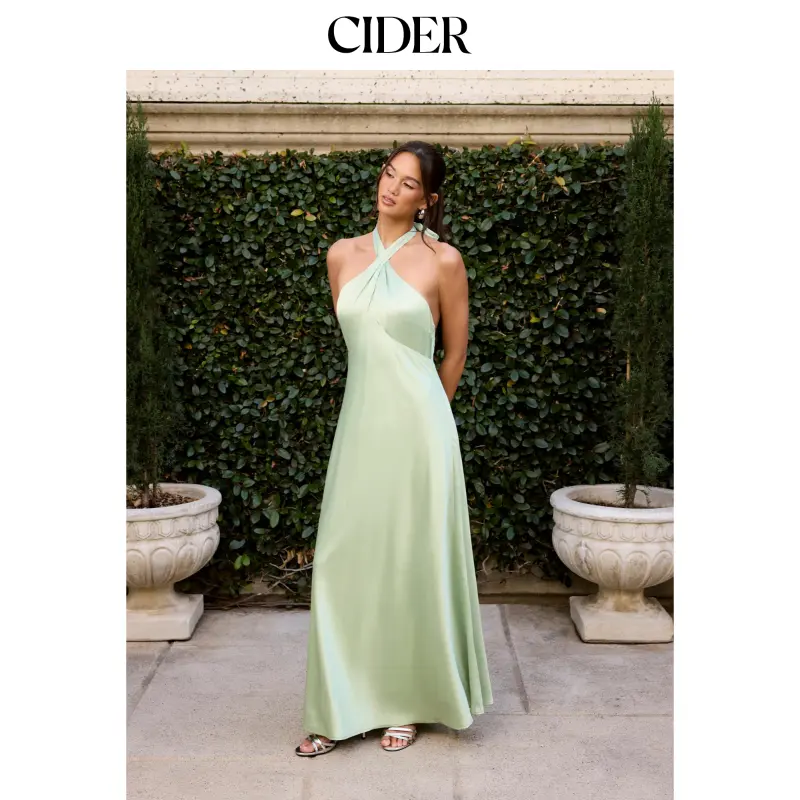 Cider Satin Halter Neck Twist Knotted A-line Maxi Dress