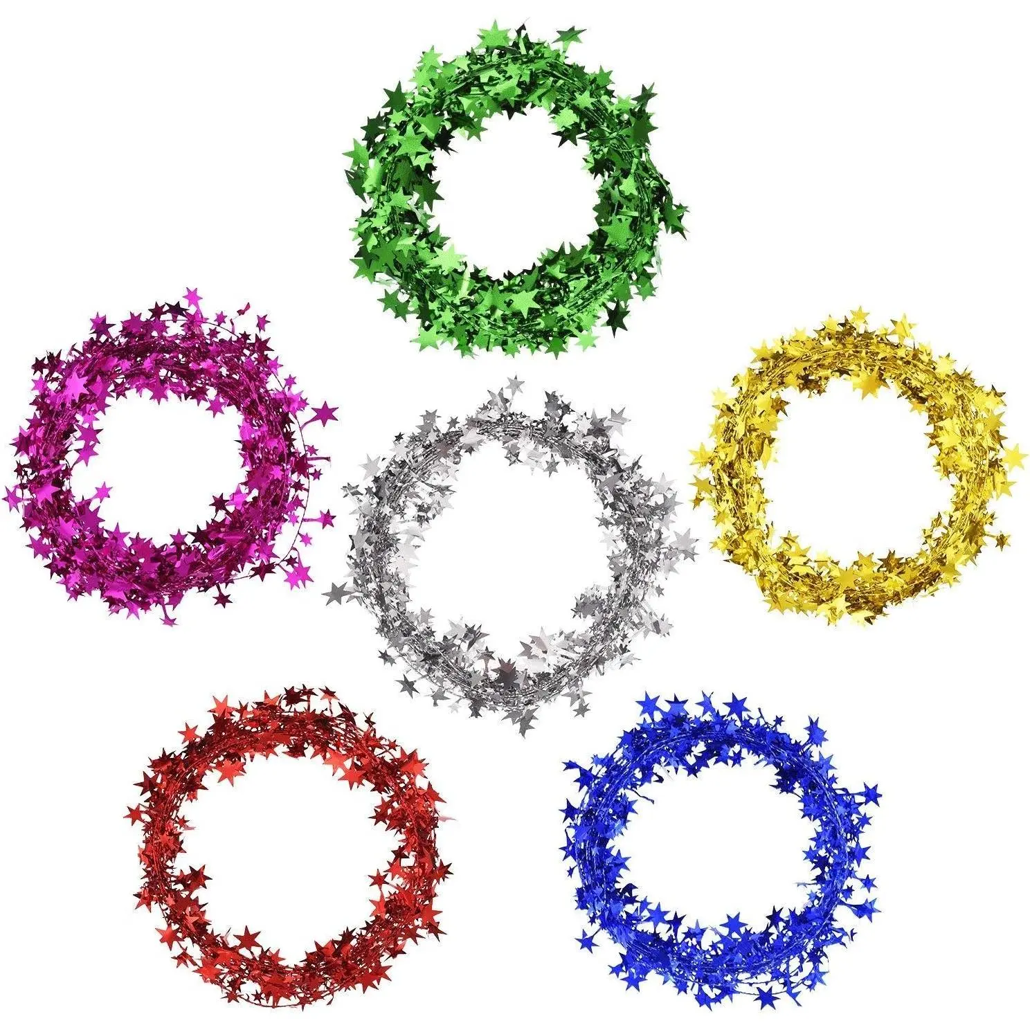 Multicolor Wired Christmas Tinsel Garland - 6 Rolls (24.6ft Each, Total 147.6ft), Synthetic Flexible Modern Metallic Small Mini Garland for Tree, Outdoors Festive Decorations