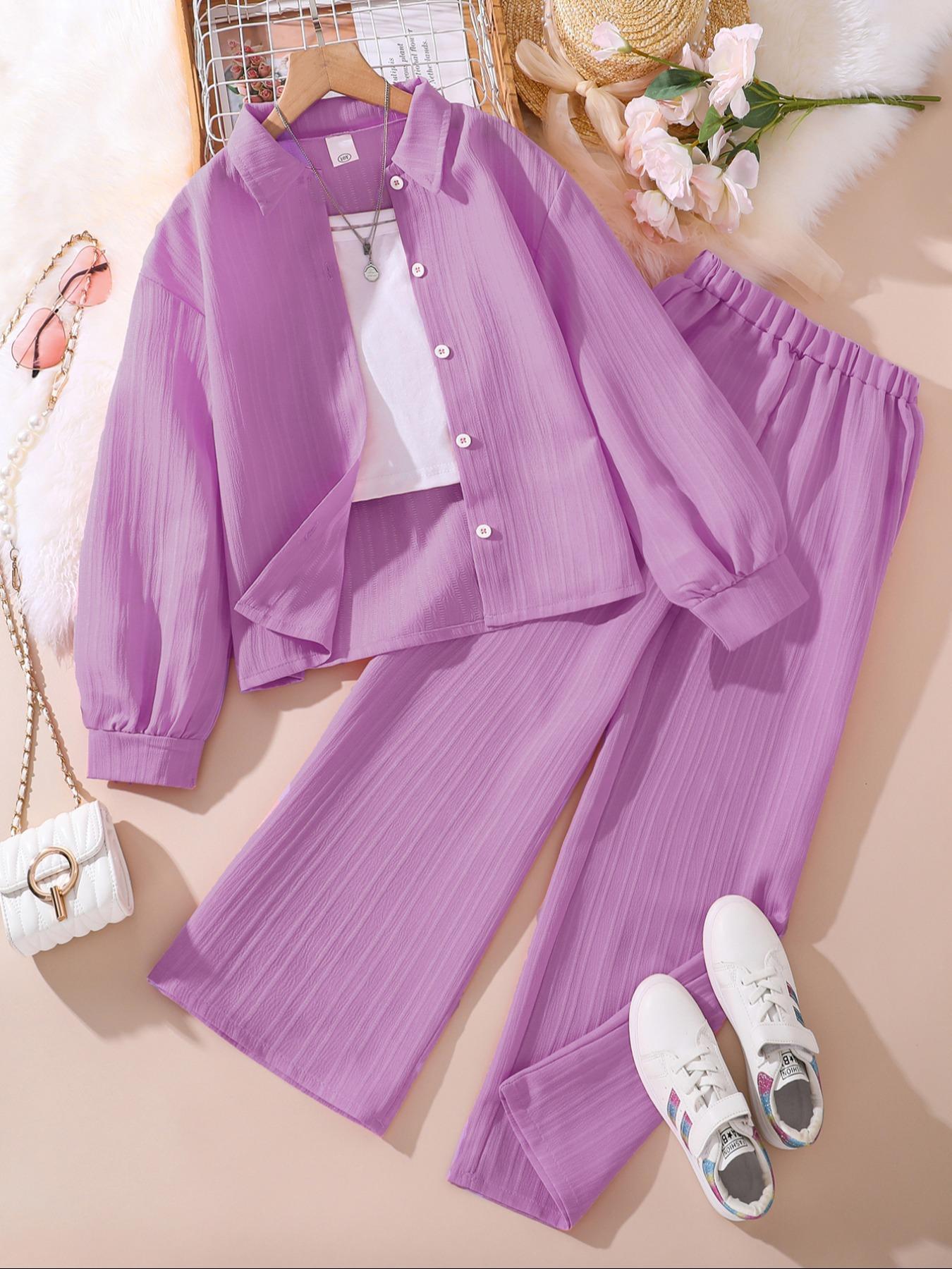 Two-piece Set Girl's Solid Color / Bow Pattern Shirt & Pants Set, Suits, Casual Long Sleeve Collared Top & Trousers for Spring & Fall, Kids Clothes for Daily Wear