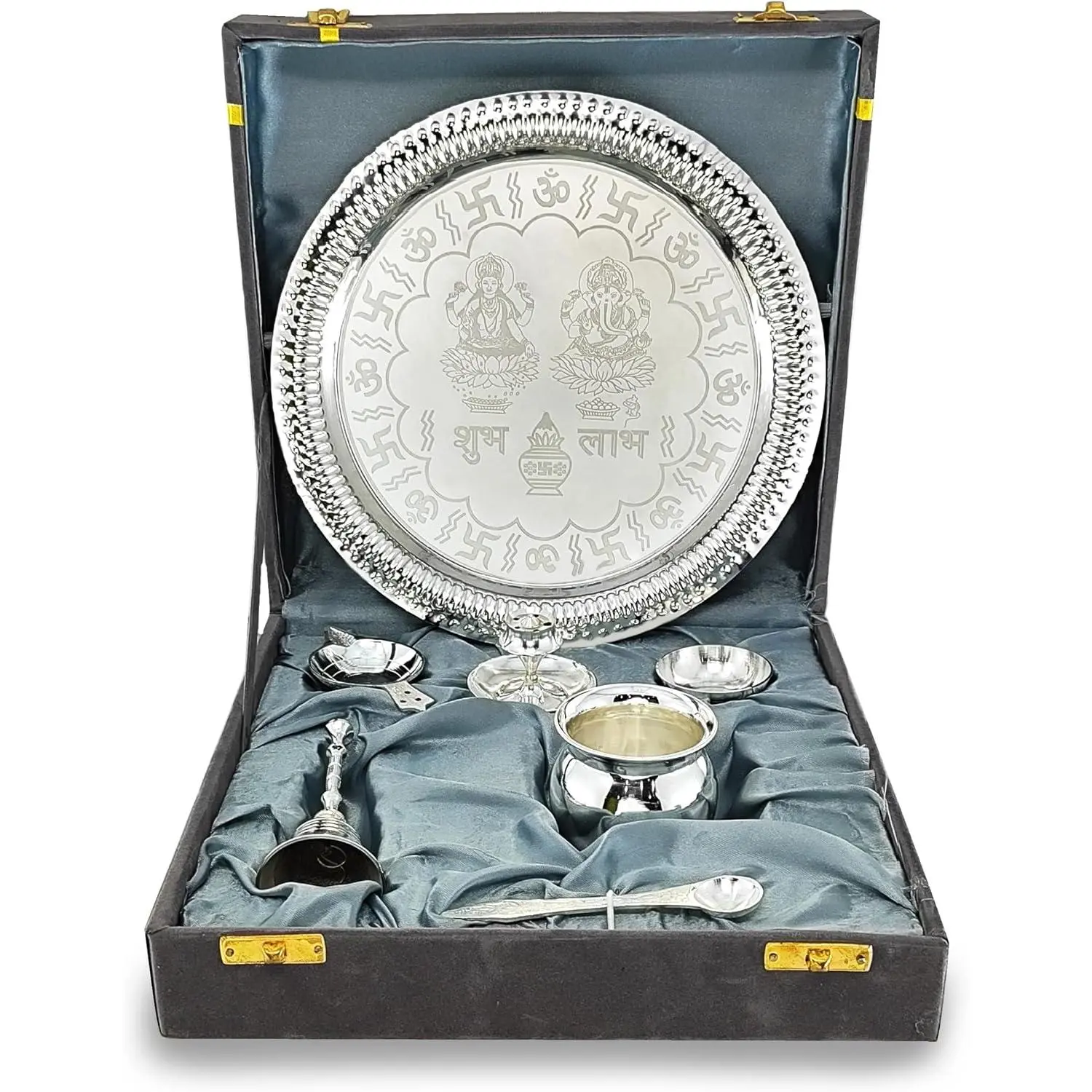 Pooja Thali Set  Plated with Grey  Box Designed 22 cm Puja Plate Kalash Bowl Ghanti Spoon Dhup Dan Diya for  Office Diwali Wedding Return  Items