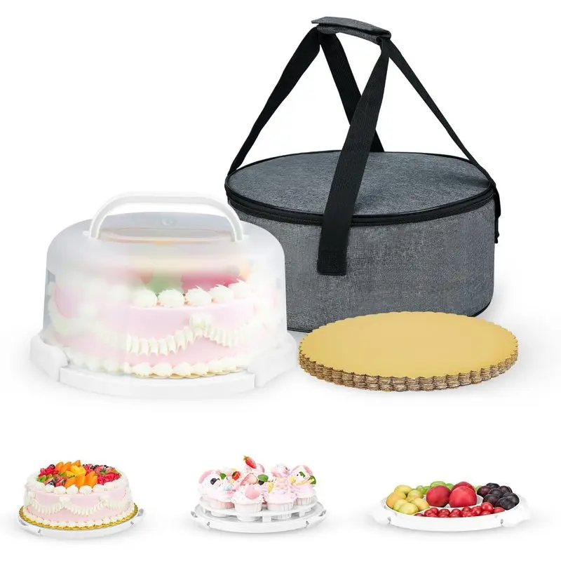 Cake Carrier with Lid and Handle for 10 Inch Cakes, Portable BPA-Free Cake Holder with Insulated Bag & 10 Gold Cake Boards for Parties, Picnics & Travel