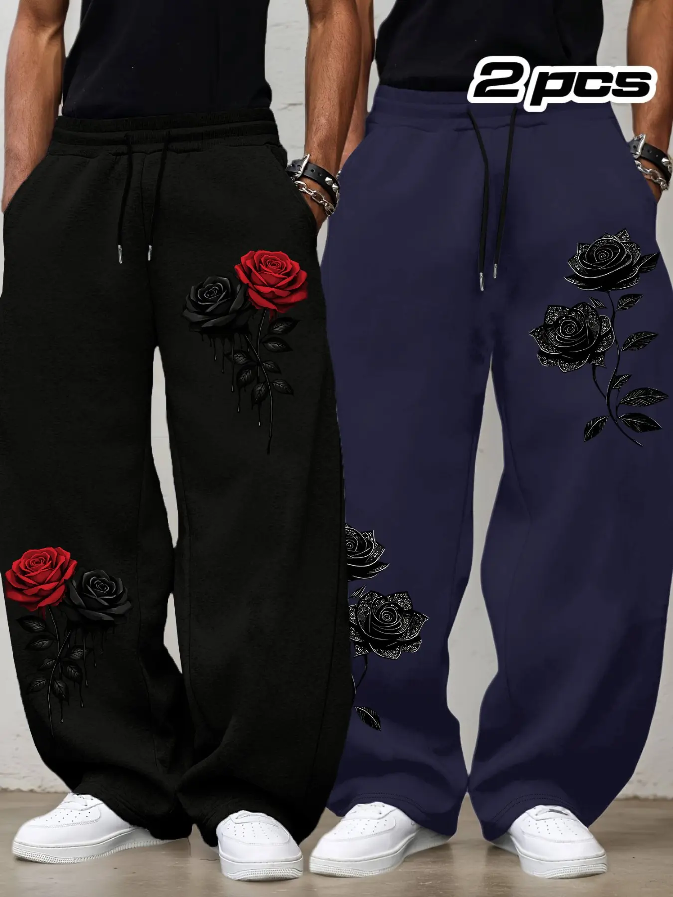 2 Pack Men Elastic Drawstring Wide Leg Sweatpants Dripping Red Black Rose & Lace Line Black Floral Dual Side Different Graphic Print Gothic Dark Aesthetic Loose Baggy Streetwear Joggers For Autumn Winter Hip Hop Daily Urban Casual Outfit#trendingpants