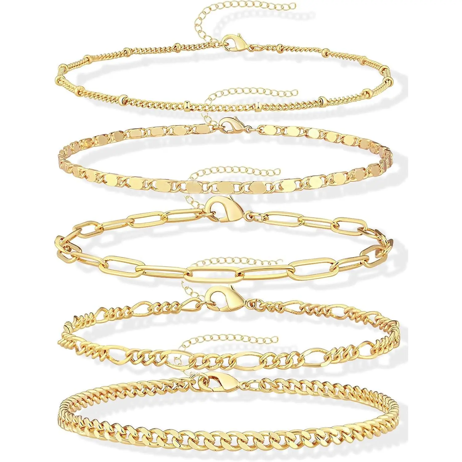 Gokeey Gold Bracelets Set for Women Non Tarnish Trendy,14K Gold Plated Dainty Stackable Paperclip Cuban Link Chain Bracelets, Simple Cute Cuff Bracelets Jewelry Set Adjustable 7"+2"