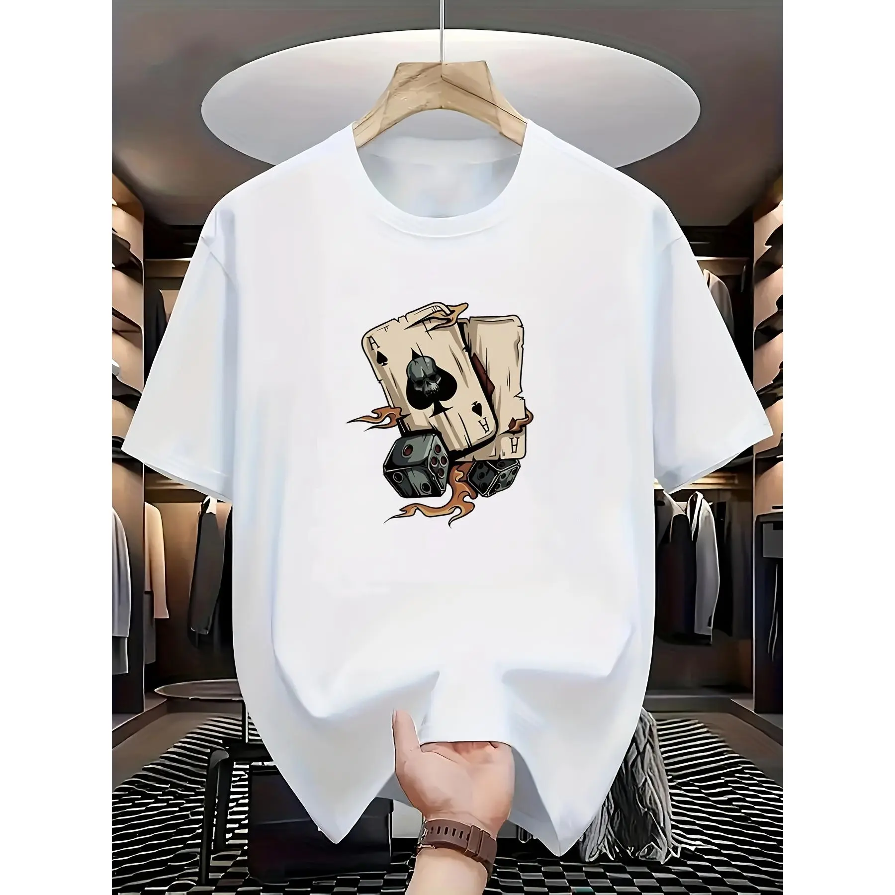 Men's Classic Graphic Tee with Poker & Dice Print - Casual Short-Sleeve Menswear in Smooth Knit Fabric, Tops, Clothes, Elastane, Polyester Blend, Shortsleeve, T-Shirt, Round Neck, Stretch, Classic Cut, Poker Print, Tshirt, All Over Print, Stretch Fabric