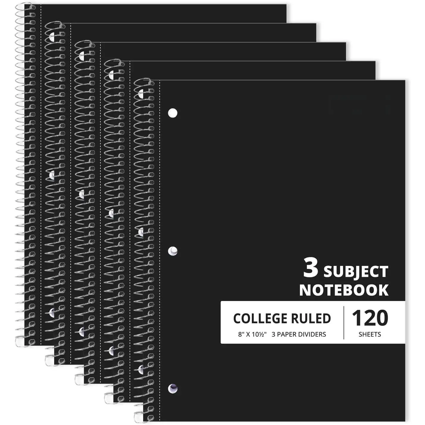 3 Subject Spiral Notebook College Ruled 5 Pack, 240 Pages, Black | 120 Sheets, 8 x 10.5 in, 3 Dividers, Double-Sided Pockets, School Notebook, Study, Homework, Students