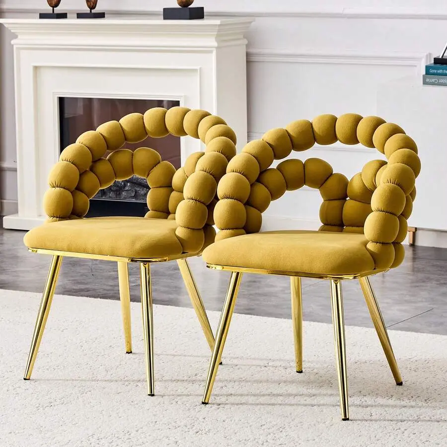 Set Of 2 Puffy Bubble Chair Ball Chair Velvet Dining Chairs With Gold Legs, Modern Upholstered Accent Chairs Dining Room &