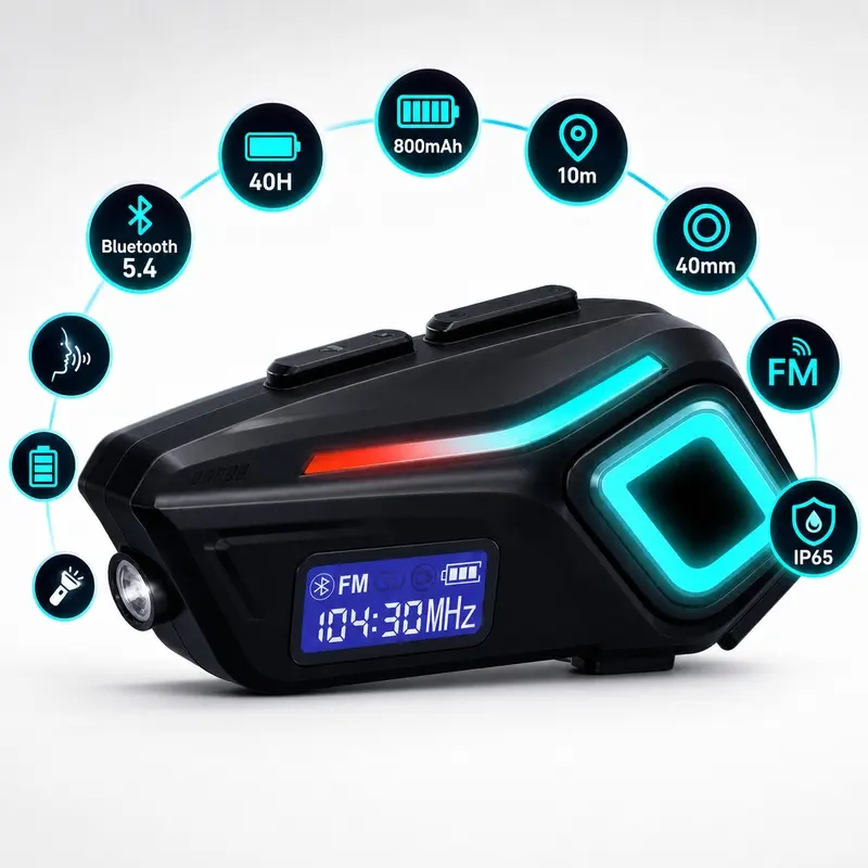Motorcycle Helmet Bluetooth Headset, Bluetooth 5.4 Helmet Speaker with Digital Display and FM Radio, 800mAh Battery, 40H Talk Time and IP65 Protection