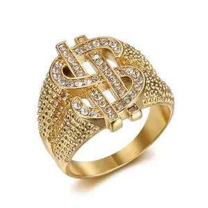 New European and American cross-border hip-hop ring, titanium steel vacuum-plated diamond-encrusted dollar sign men's ring