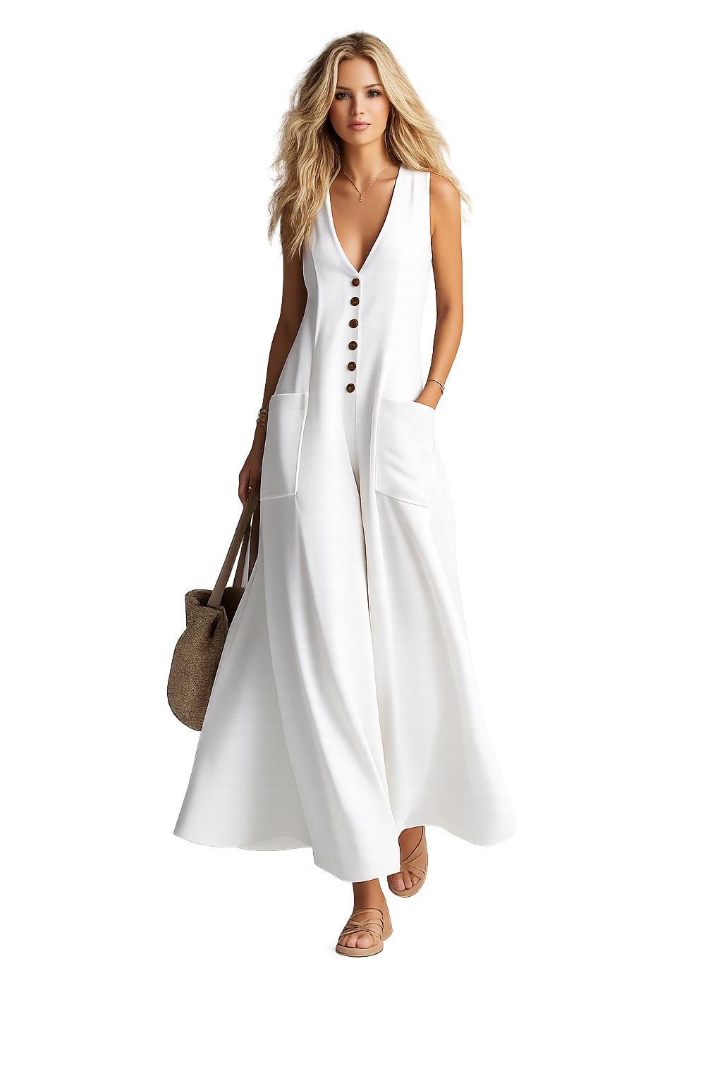 2026 Spring and Summer New Arrivals Embroidery Pocket Deep V-Neck Solid Color Casual Dress