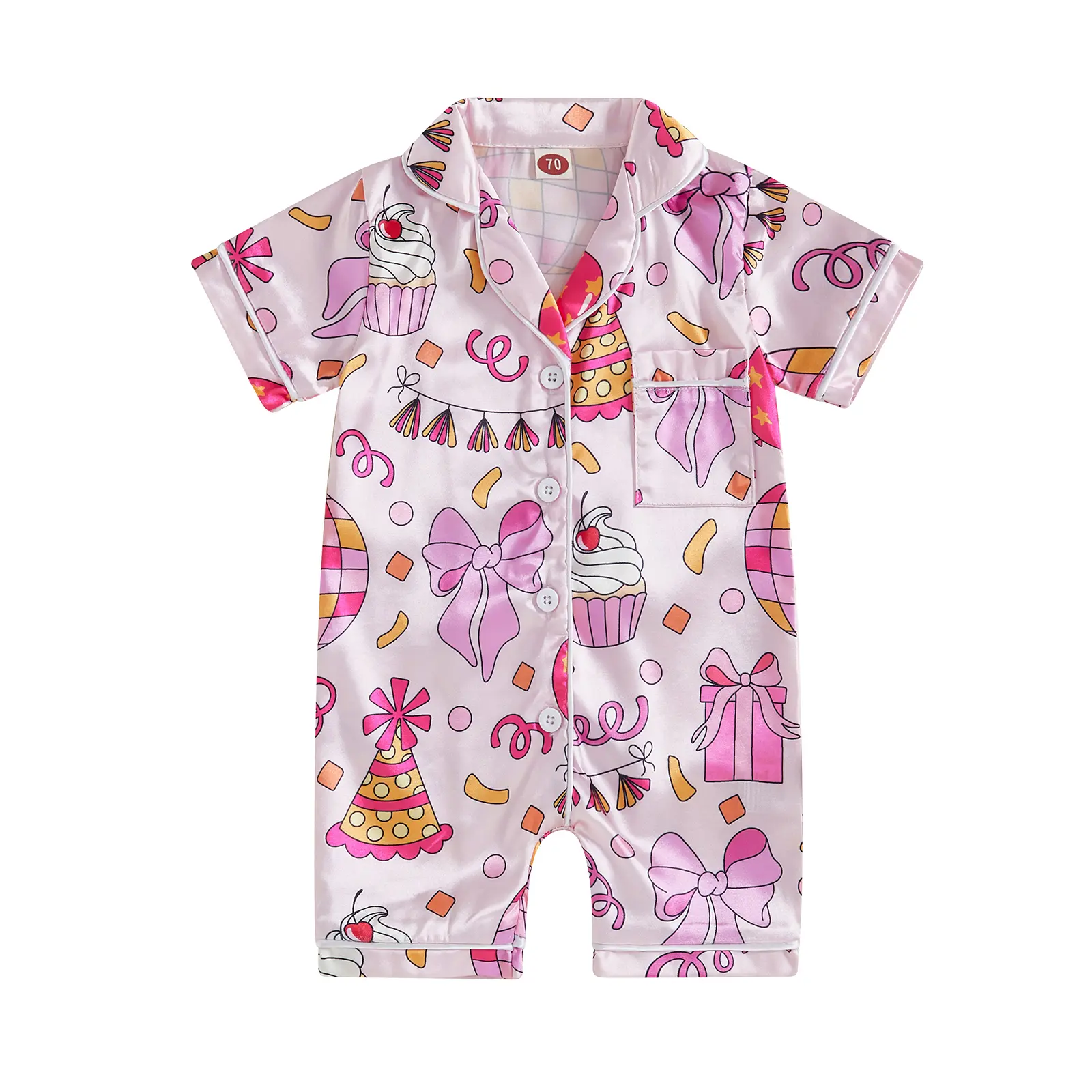 Infant Baby Girl Birthday Pajamas Short Sleeve Bow Cake Print Button Closure Jumpsuit Sleepwear Loungewear 0-18 Months