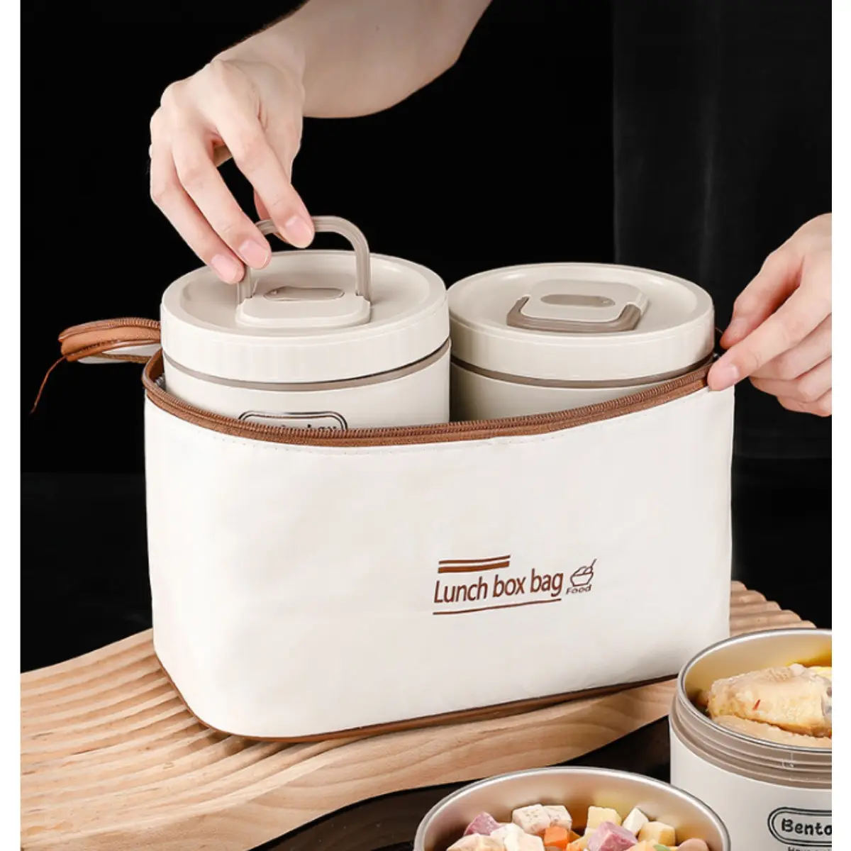 Stainless Steel Meal Prep Lunch Box Set (3/4 Pcs) - Round, Microwave-Safe, Stackable, Leakproof Insulated Thermal Lunch Containers with Beige Bag, Picnic Essentials for Adult To-Go Food & Travel Use, Insulated Lunch Containers