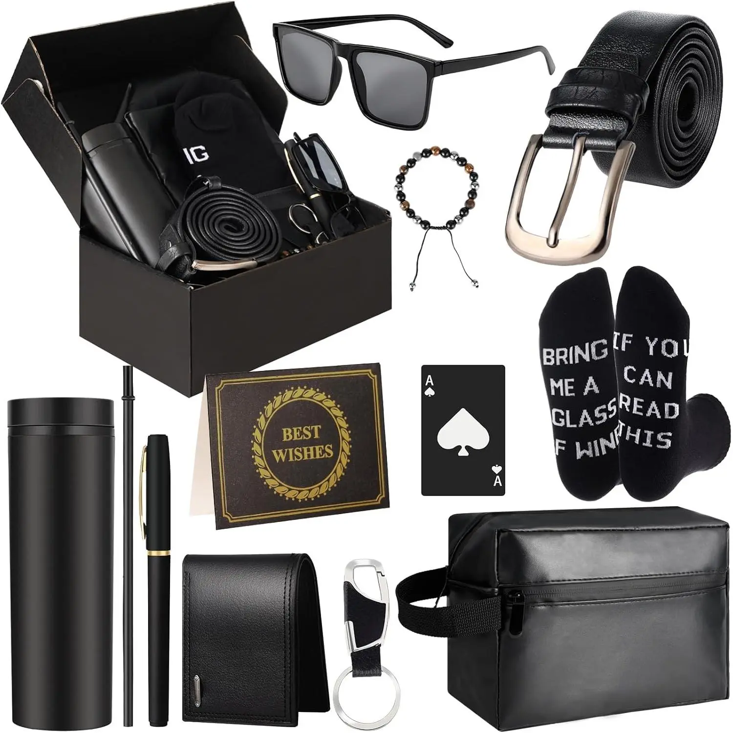 Gifts Box for Men Dad Gifts Basket Set for Fathers 16 oz Tumblers Wallet Toiletry Bag Bottle Opener Sunglasses Bracelet Socks Pen Keychain Personalized Birthday Gift for Dad Husband Boyfriend