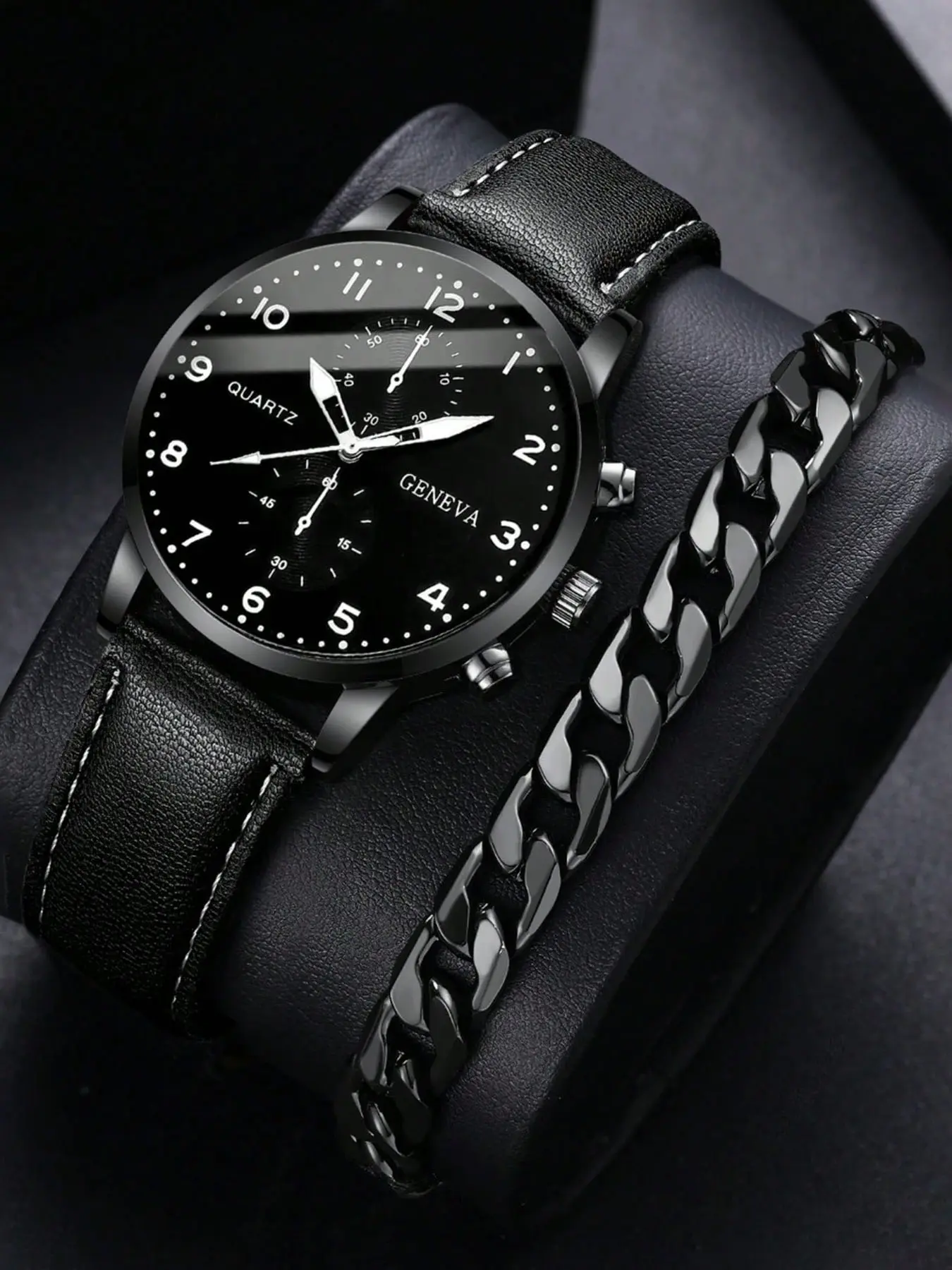 2-piece men's business casual trendy belt quartz watch high-end atmospheric watch large dial light luxury watch set