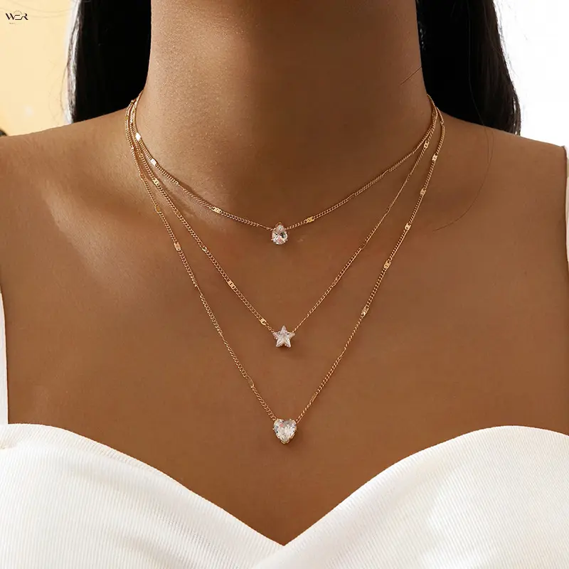 Three Layered Cubic Zirconia Pendant Necklace for Women, Dainty Multi Layer Sparkling Crystal Choker Necklace, Adjustable Stackable Rhinestone Chain Neck Jewelry, Gold Silver Two Tone Elegant Accessory for Daily Wedding Party