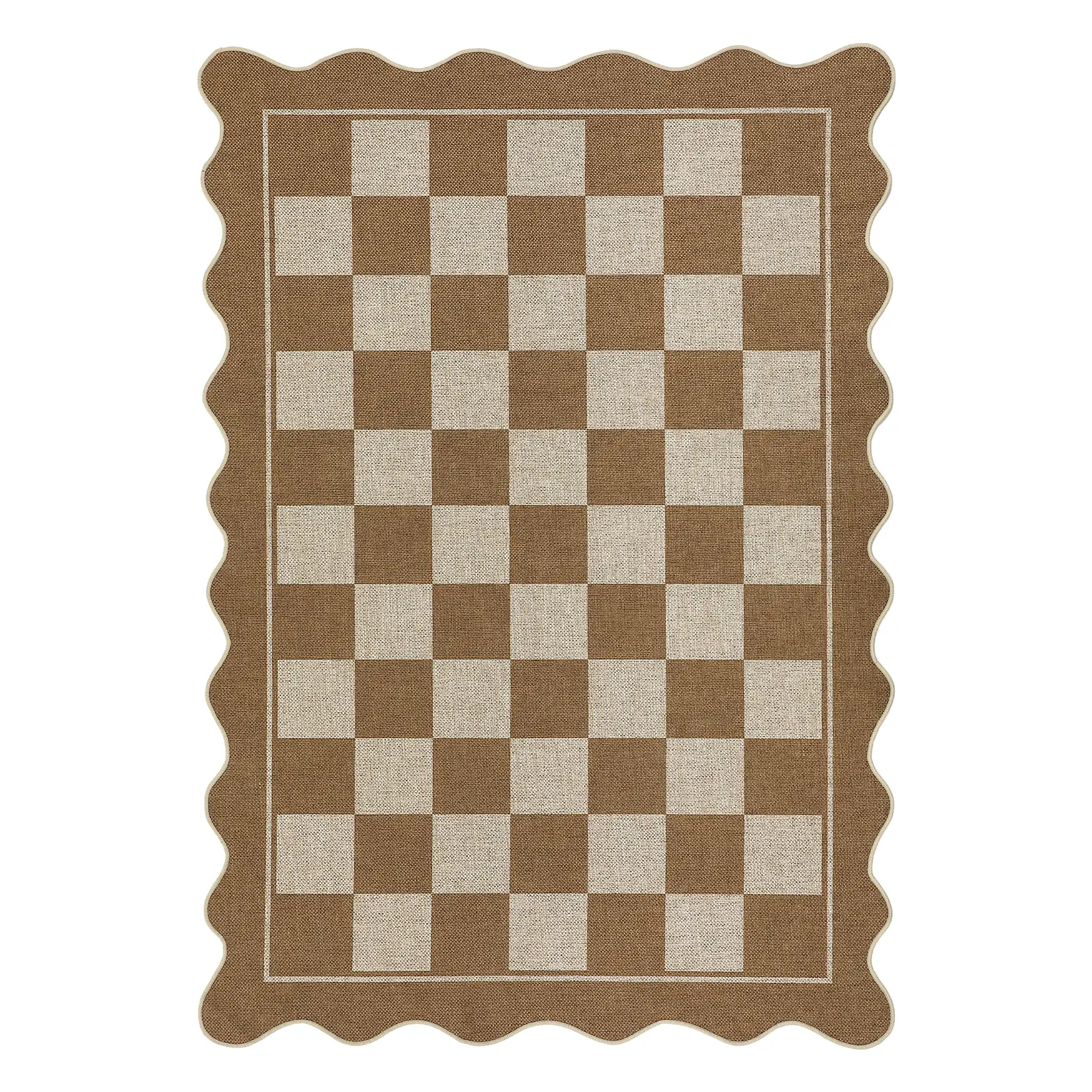 3x5 Scalloped Checkerboard Rug, Black & White Outdoor Area Rug, Easy Jute Style Washable Carpet for Patio, Living Room, Entryway & Deck