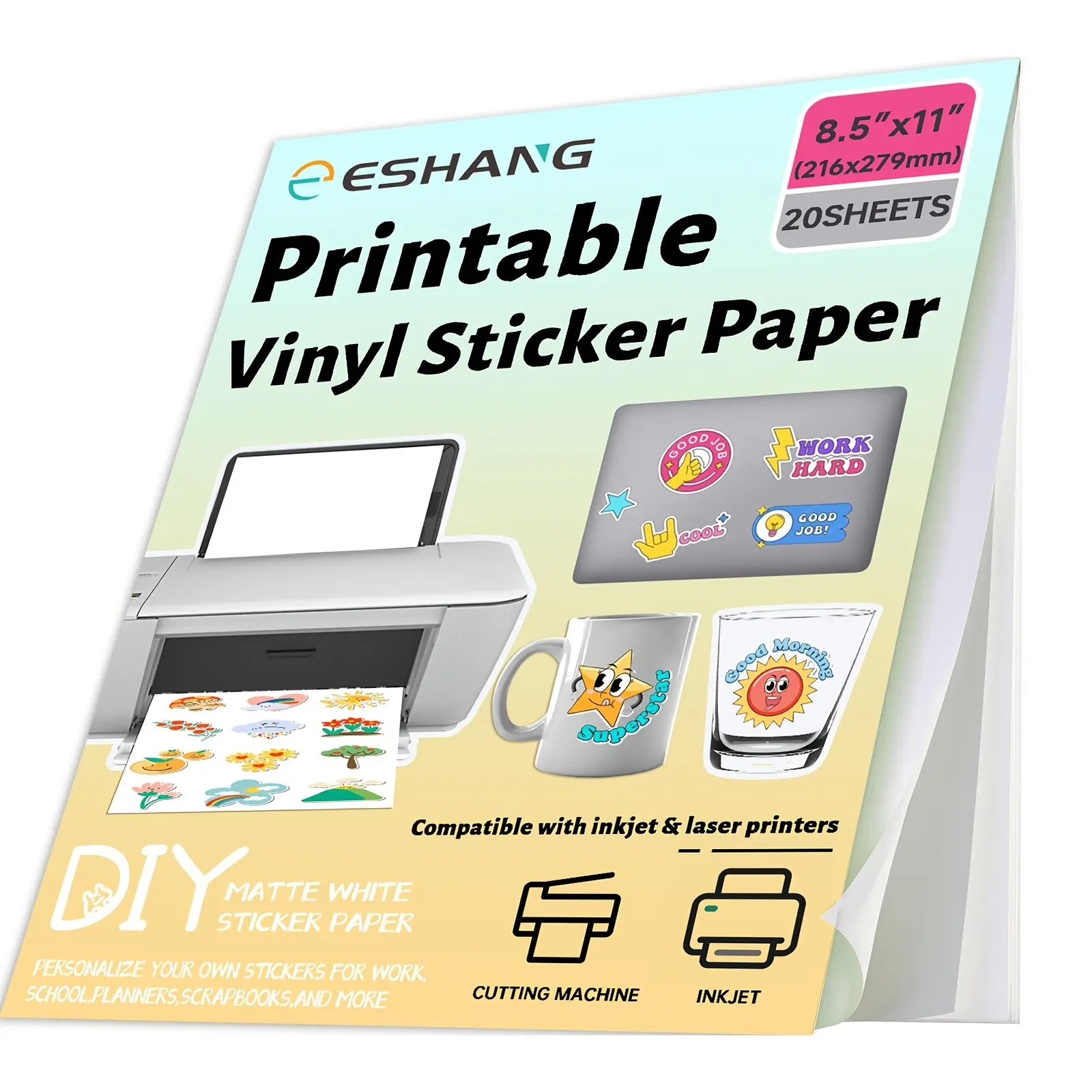 20 Sheets Glossy Printable Vinyl Stickers, 8.5x11 Inches, Suitable for Inkjet & Laser Printers, Self-Adhesive Waterproof Stickers, DIY Craft Supplies, DIY Crafts Stickers