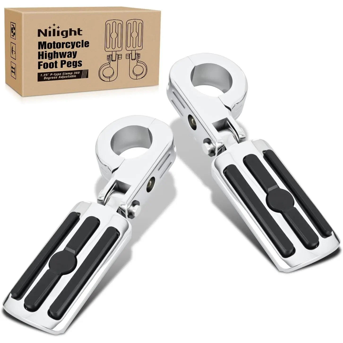 Nilight 1.25-Inch Motorcycle Highway Foot Pegs, 360° Adjustable P-Clamp Footrest Motorcycle, Automotive Motor Parts Accessories for 1.25-Inch Engine Guard Crash Bars, Fits Harley Davidson, Trike, W/ Allen Wrenches, Street Glide