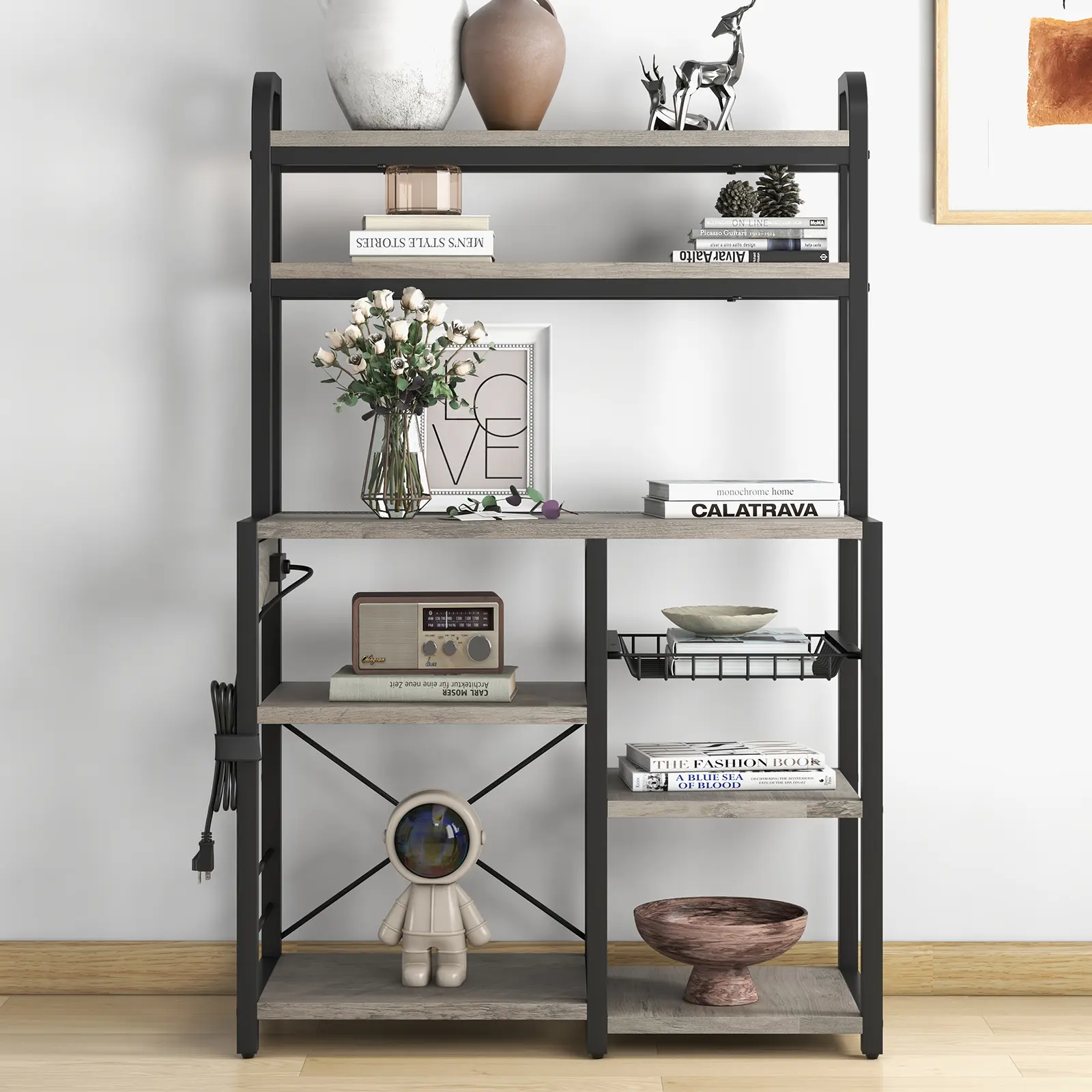 6-Tier Rustic Brown Industrial Bakers Rack with Built-in Power Outlet, Lockable Storage Cabinet & Open Shelves, Multipurpose Kitchen Microwave Stand, Coffee Bar Station Organizer for Dining Room & Living Room