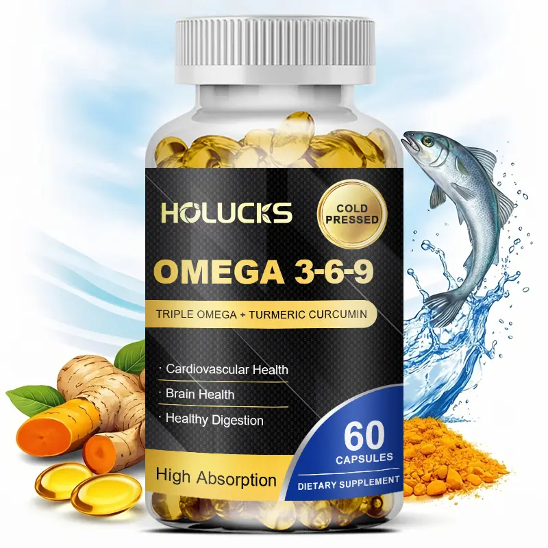 Omega 3-6-9 + Turmeric Softgels (DHA & EPA) - Wild Fish Oil Blend, Emulsified Turmeric, 60 Softgels, Daily Balance, Easy-to-Take