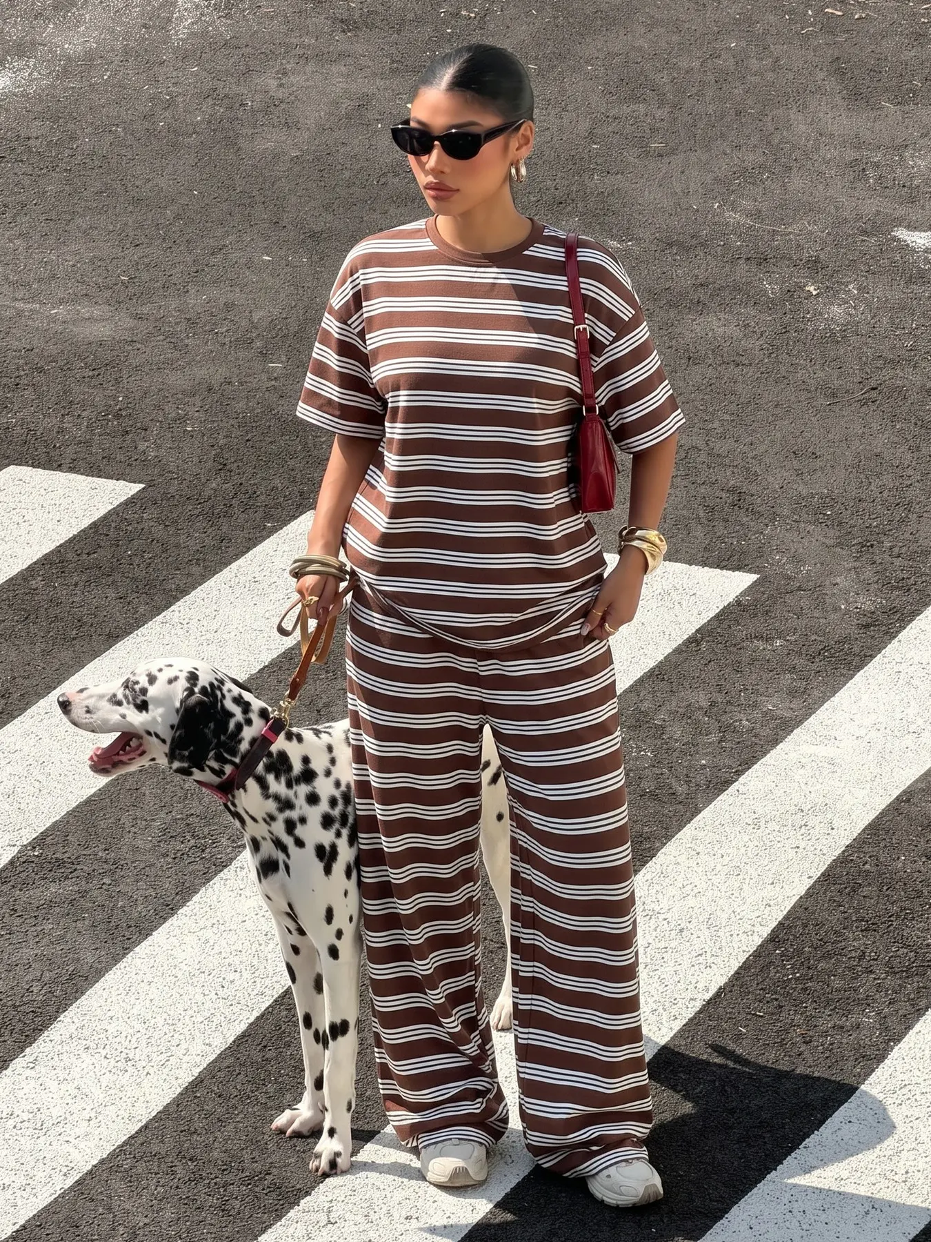 Women Brown White Striped 2 Piece Outfit Oversized Short Sleeve T‑Shirt Wide Leg Pants Set Casual Loungewear Matching Two Piece Tracksuit For Daily Street Wear #2PieceSet #StripedOutfit #Loungewear Women Brown White Striped Two Piece Outfit Oversized Tee