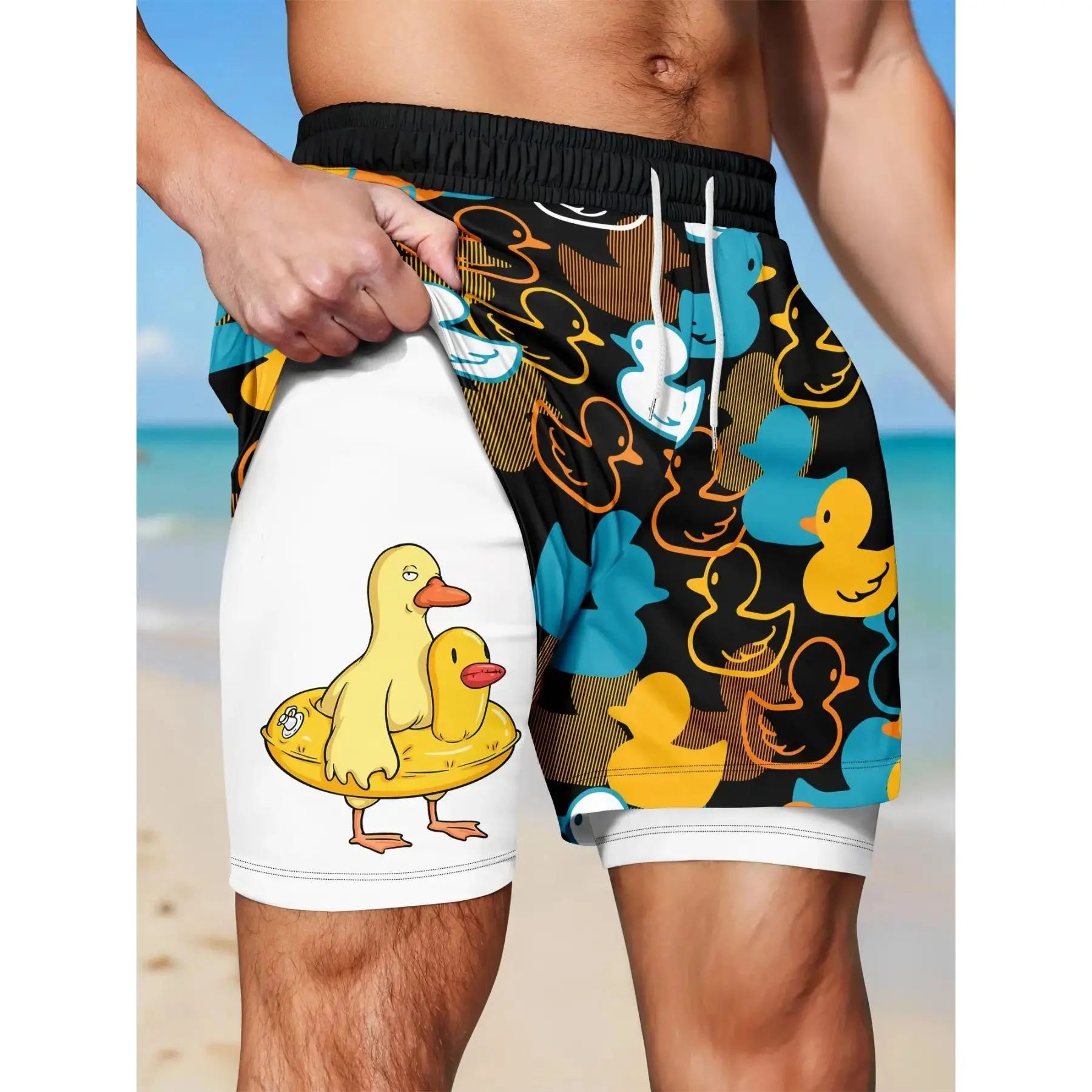Men's Double-Layer Quick-Dry Beach Trunks, Casual Loose-Fit Printed Swim Bottoms, Fun Duck Cartoon Print, Drawstring Waist, Lined for Privacy, Summer Wear, Swimsuit Shorts