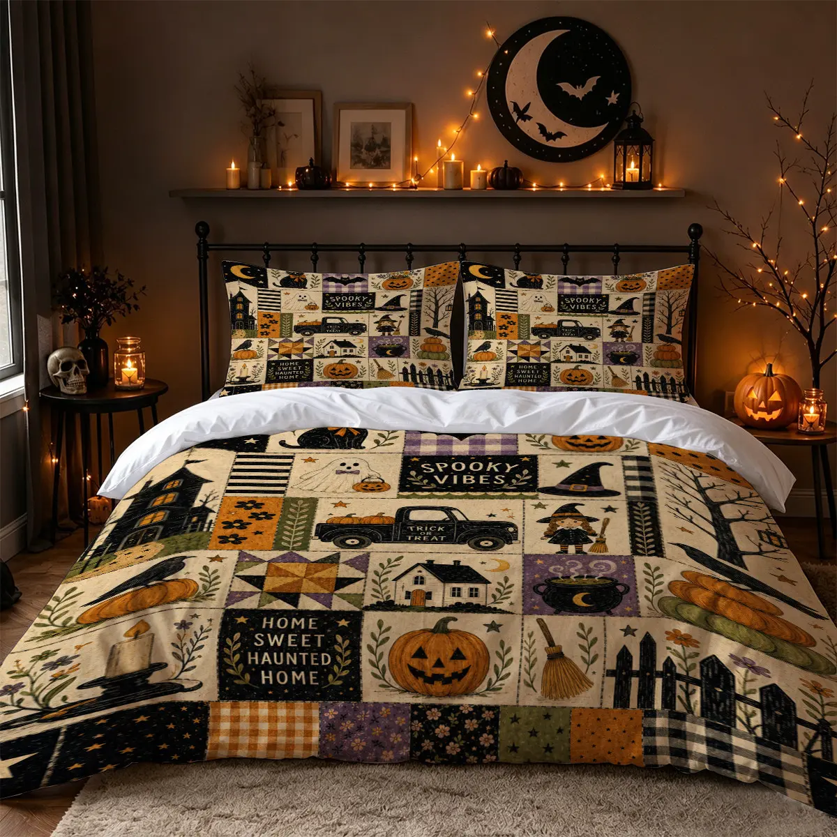 3-Piece Halloween Duvet Cover Set, Vintage Witch Ghost Pumpkin Haunted House Patchwork Print, Gothic Farmhouse Bedding, Includes 1 Duvet Cover and 2 Pillowcases, Soft Washable Bed Set for Bedroom, Dorm and Fall Decor, Comforter Not Included