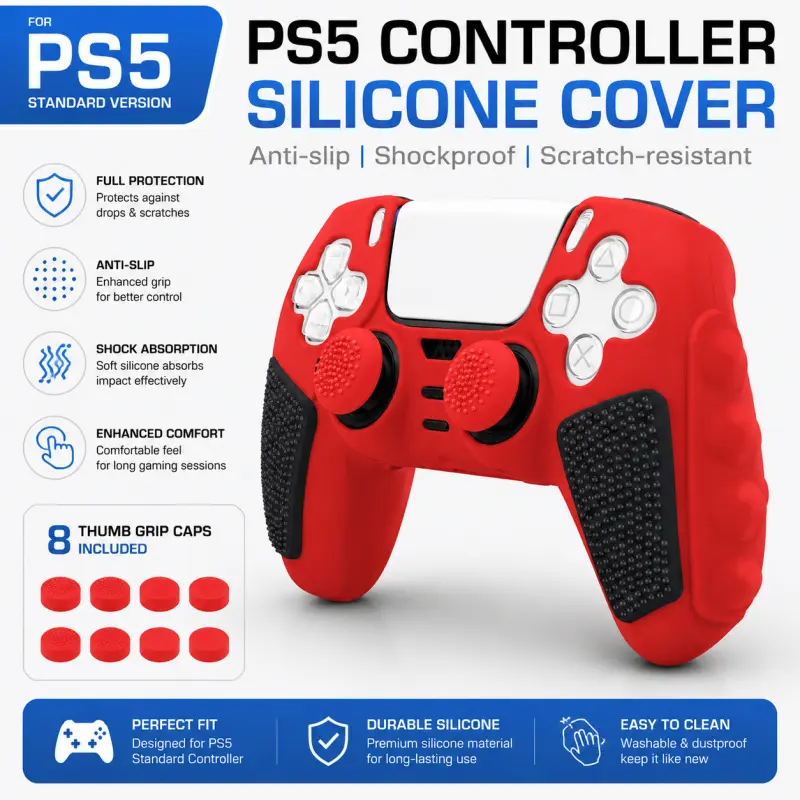 PS5 DualSense Protective Silicone Cover Protection + 8 Thumb Grip Caps, Anti-Slip Controller Case, Shockproof Gaming Accessories Kit