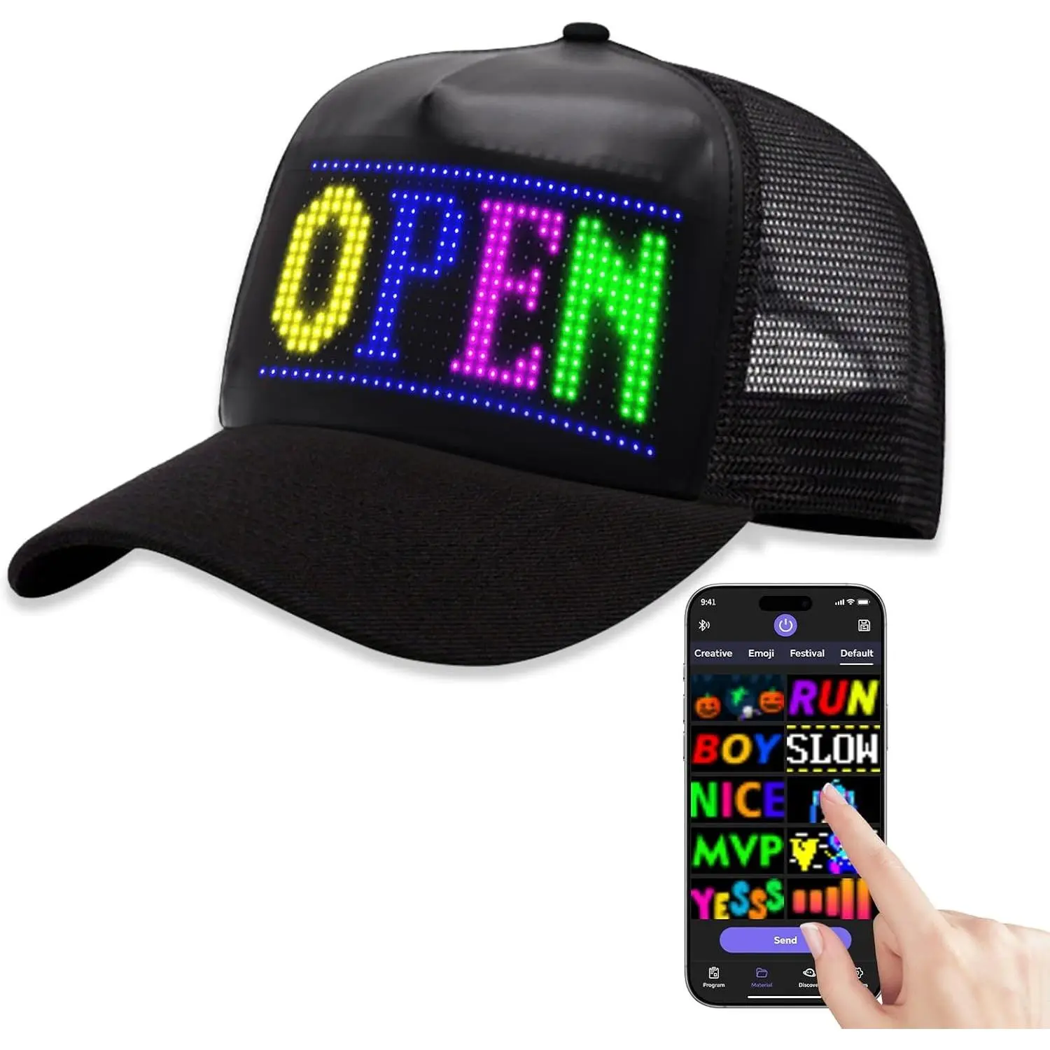 LED Baseball Cap with Bluetooth App Control - Customizable Text, Patterns & Animations for Party, Bar, Christmas(Gift)