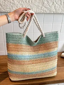 Leisure and artistic style gradient striped woven tote bag, retro and niche design with fashionable texture, can accommodate tablets and files, suitable for beach vacation, play, shopping mall shopping