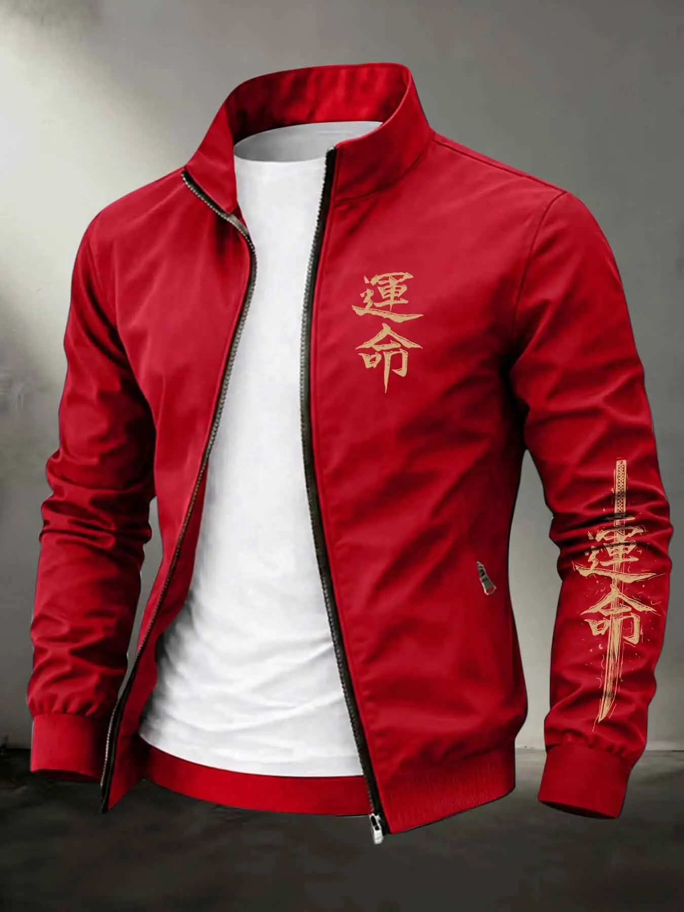 Men's Stand Collar Zip Up Windbreaker Jacket, Casual Fall Jacket, Casual Zipper Outerwear, Samurai Sword Print Lightweight Casual Outerwear, Asian Harajuku Streetwear Coat #SamuraiSwordOuterwear #HarajukuStreetStyle #ZipUpWindbreaker