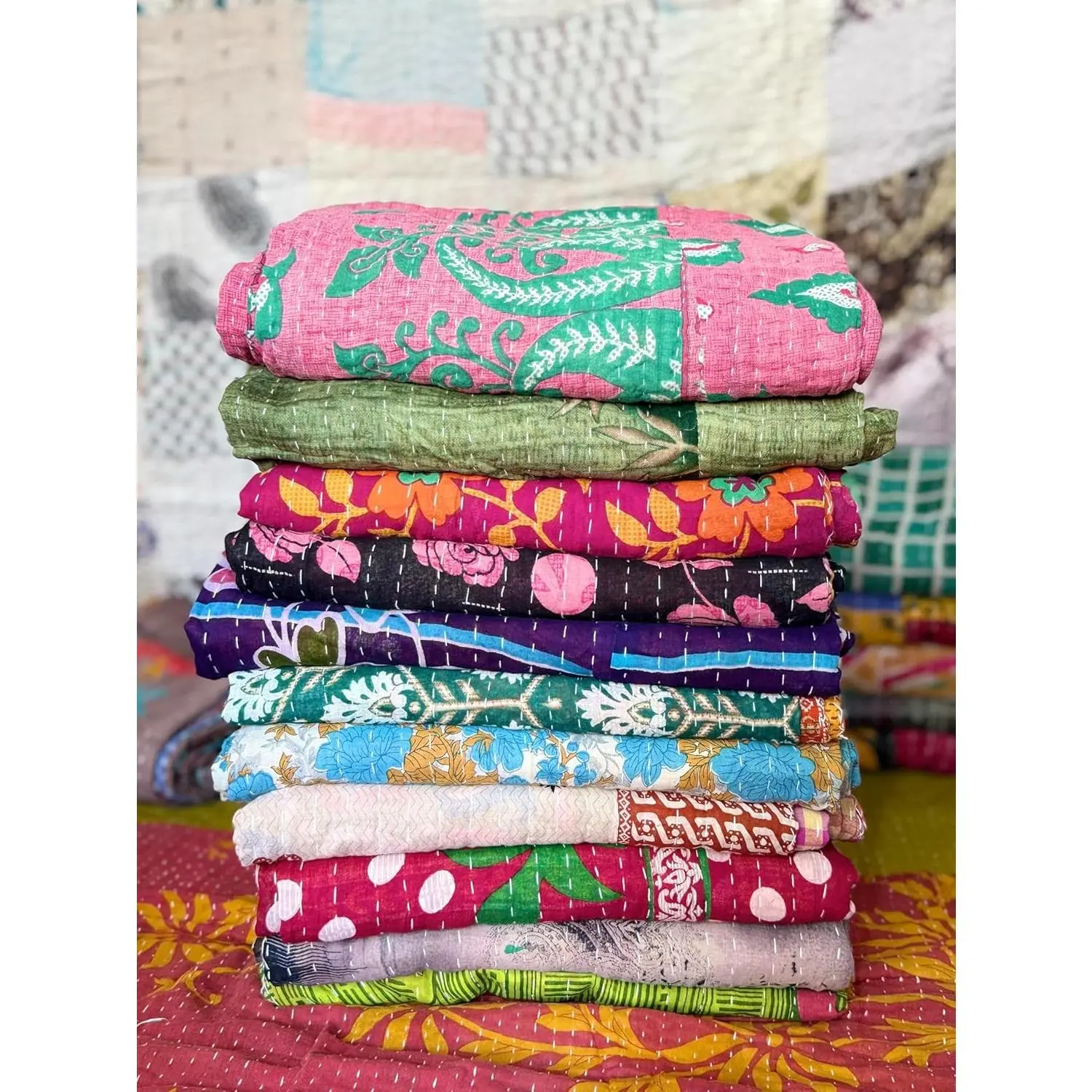 Handmade Indian Vintage Kantha Quilt Set - 5-Piece Reversible Bohemian Room Decor Blanket, Assorted Colors, Twin Size 85x55 in
