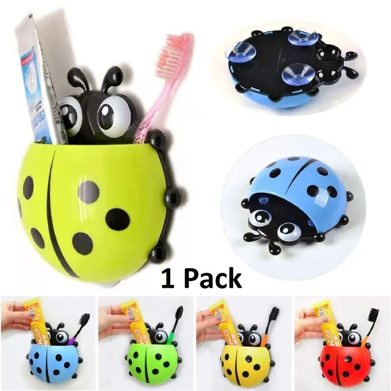 Kids Toothbrush Holder, Toothbrush Storage Holder, Cute Seven-Star Ladybug Design, Suction Cup Attachment, No Drill Required, Random Color, Ideal for Bathrooms