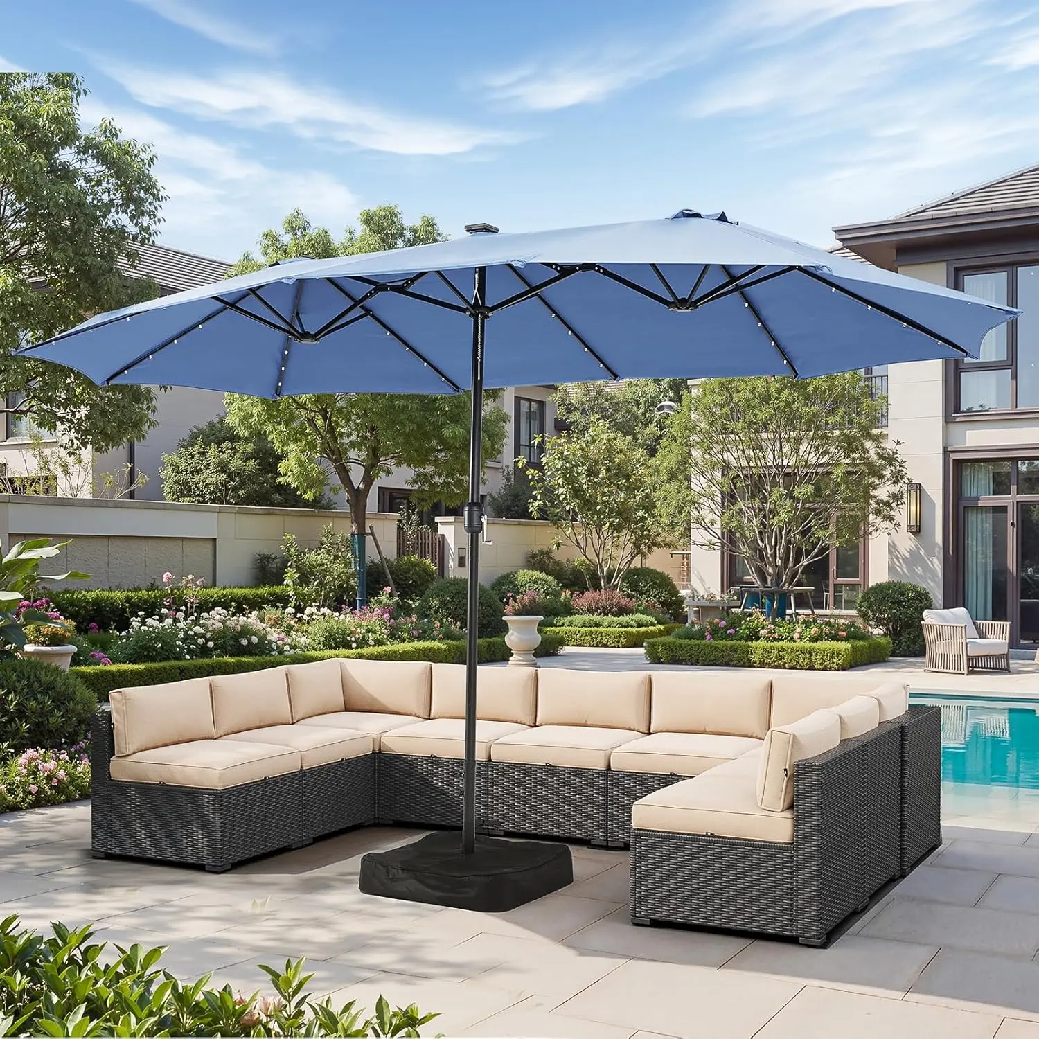 Aoxun 15ft Patio Umbrella with Base Included, Outdoor Double-Sided Rectangular Umbrella with Crank Handle & Ventilation, Large Standing Umbrella for Pool, Deck, Lawn, Backyard & Beach,outdoorfurnitureset Garden Parasol Parasol
