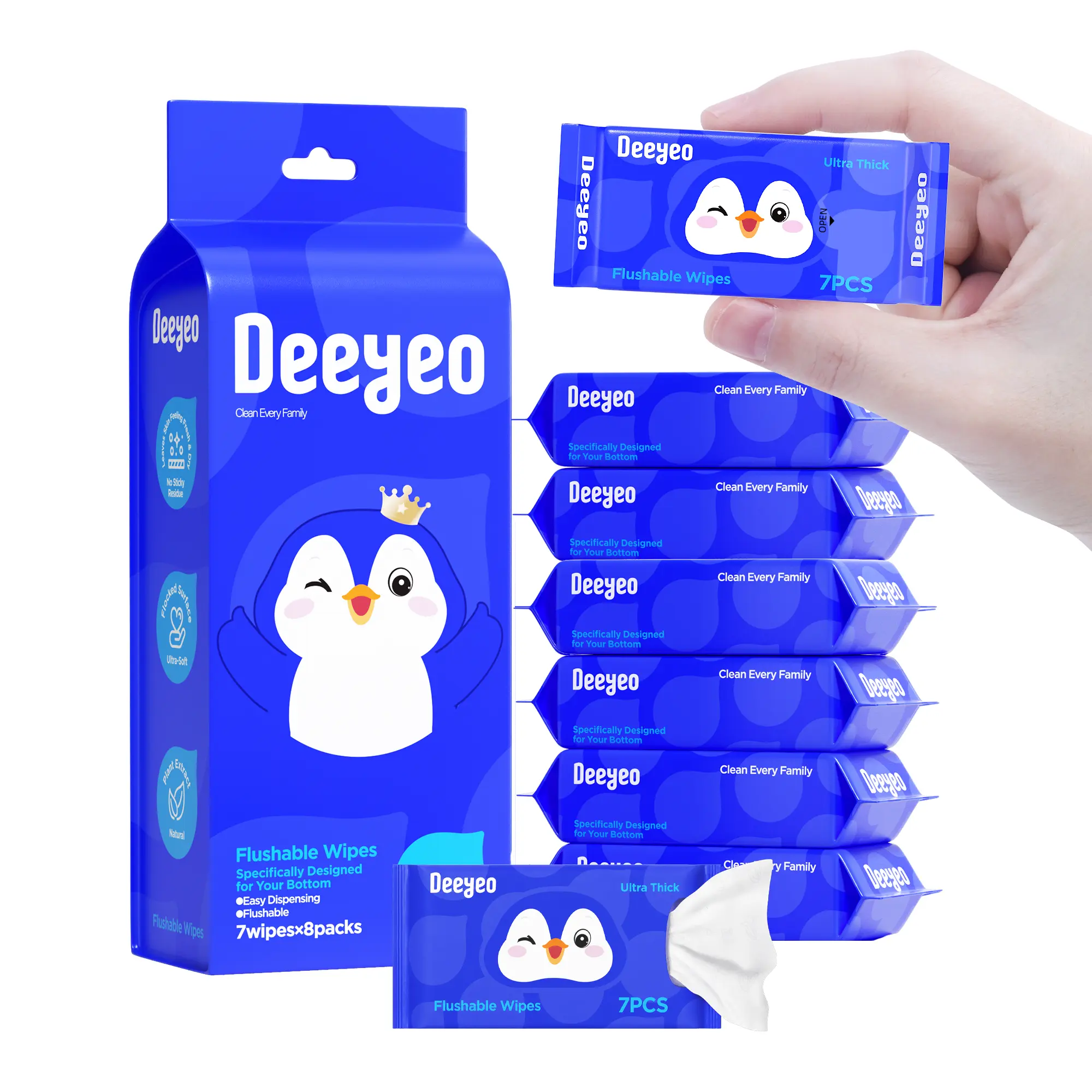 Deeyeo Flushable Wet Wipes, 1 Pack (8 Travel Size Packs), Unscented, Purified Water Formula, Septic Safe, Daily Post-Bathroom Use