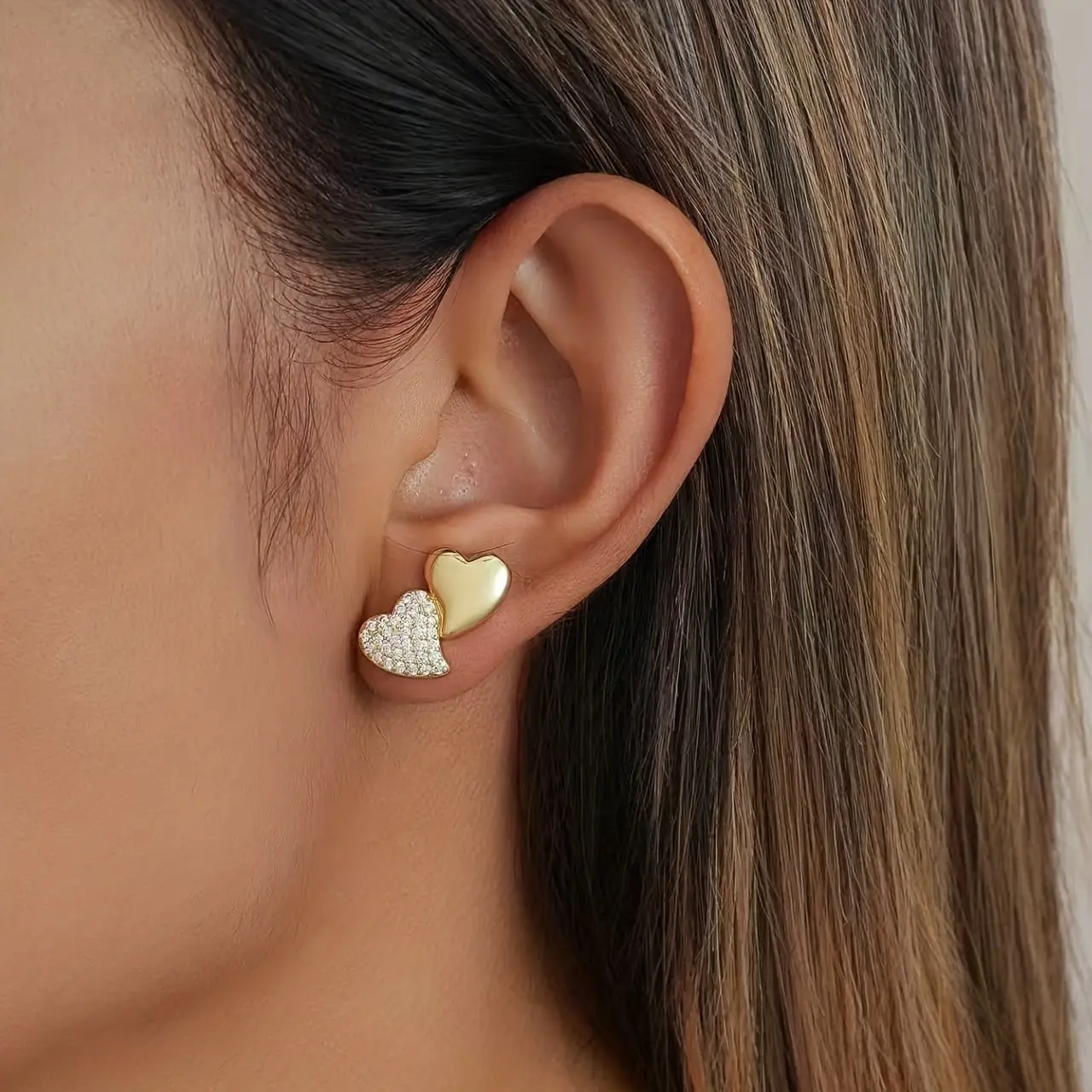 Women's Gold Zirconia Dual Heart-Stud Earrings - Simple Elegant Sparkling Ear Accessories for Everyday Wear & Parties, Timeless Heart Shapes Jewelry Gift for Valentine’s Day