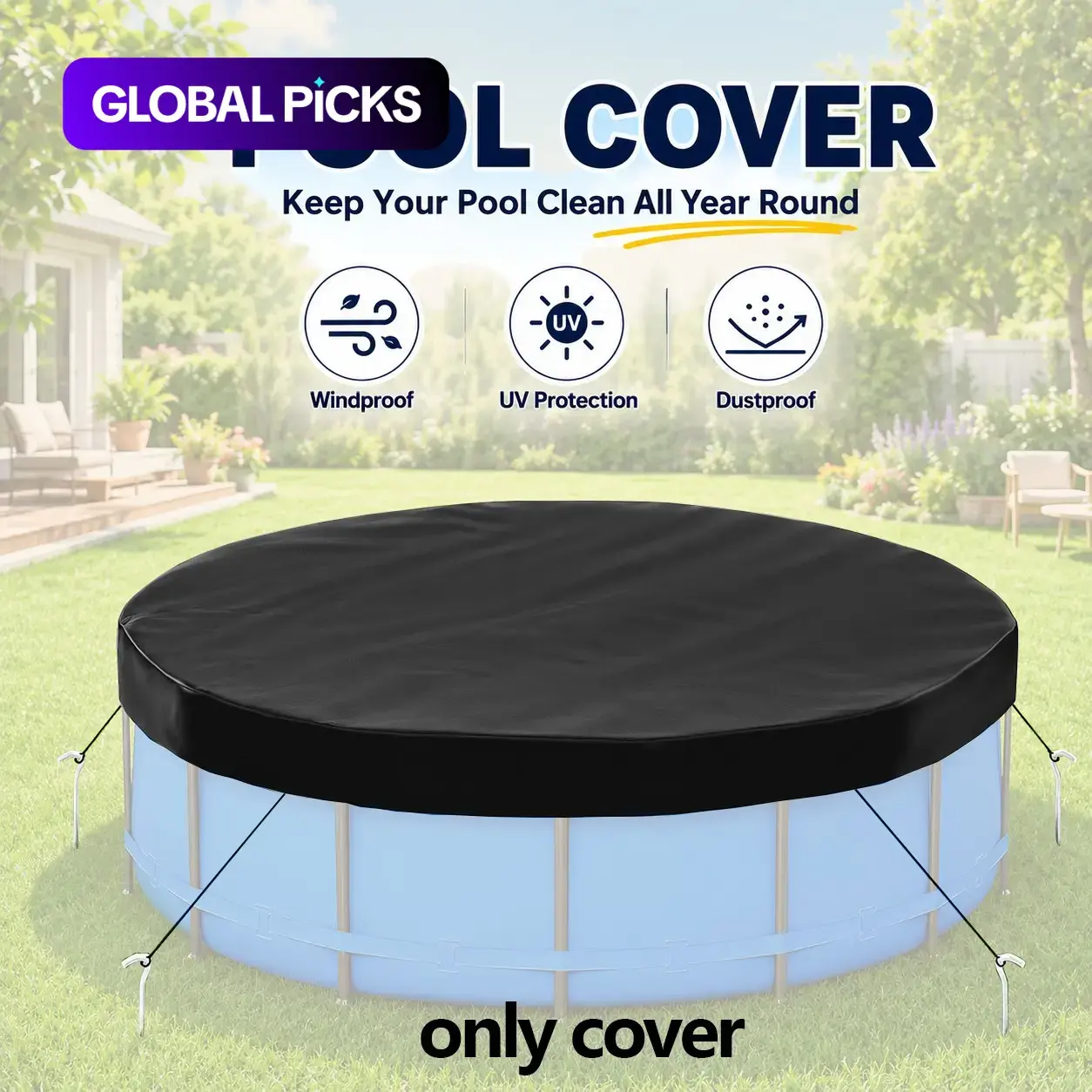 Round Above Ground Pool Cover, UV-Resistant Solar Heat Tarp, With Tie Ropes and Ground Stakes, Durable Heat Protection for Outdoor Swimming Pools #GLOBAL PICKS