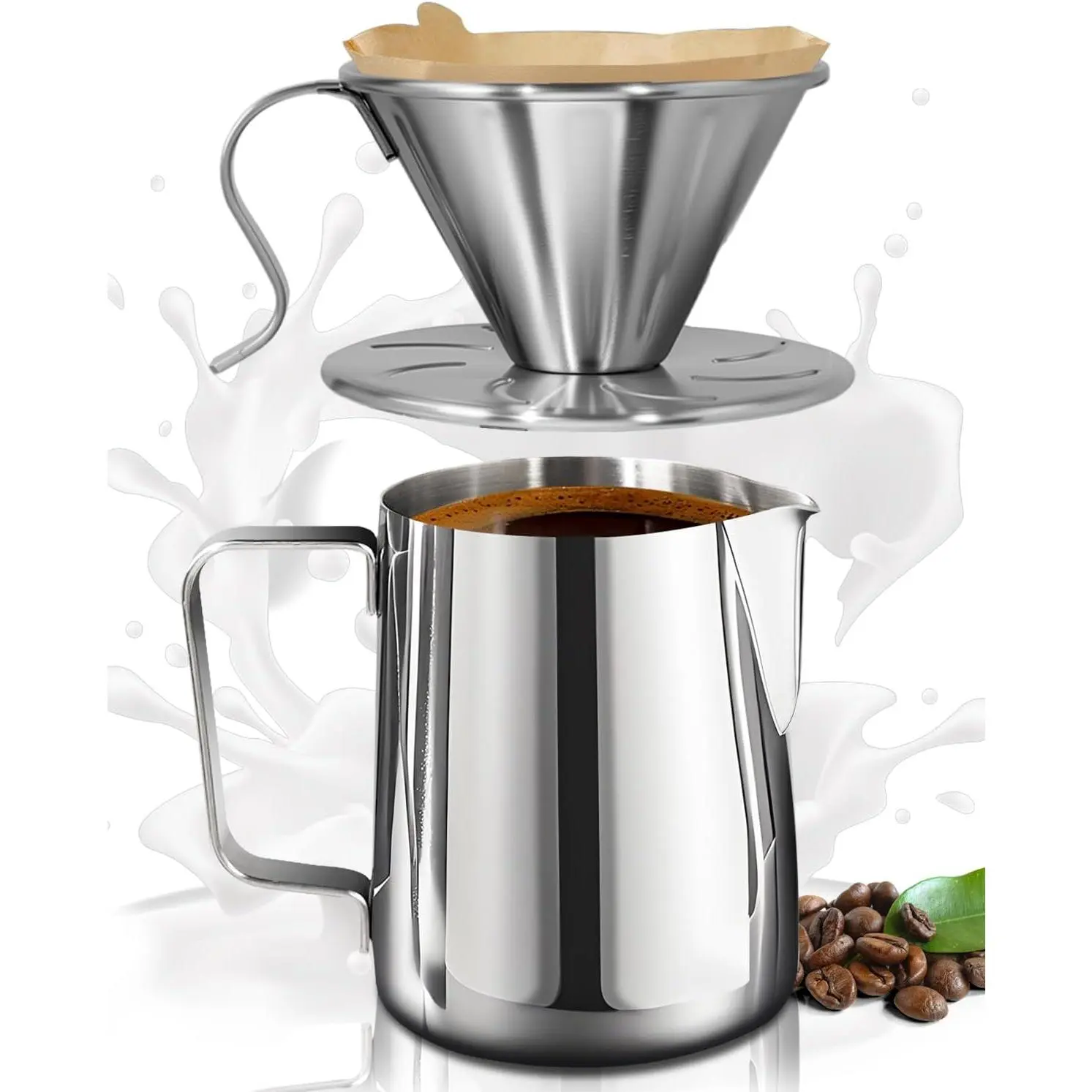 Pour Over Coffee Dripper 20.3oz (2-3 Cup) 304 Stainless Steel Reusable with 50 Disposable Filter Papers