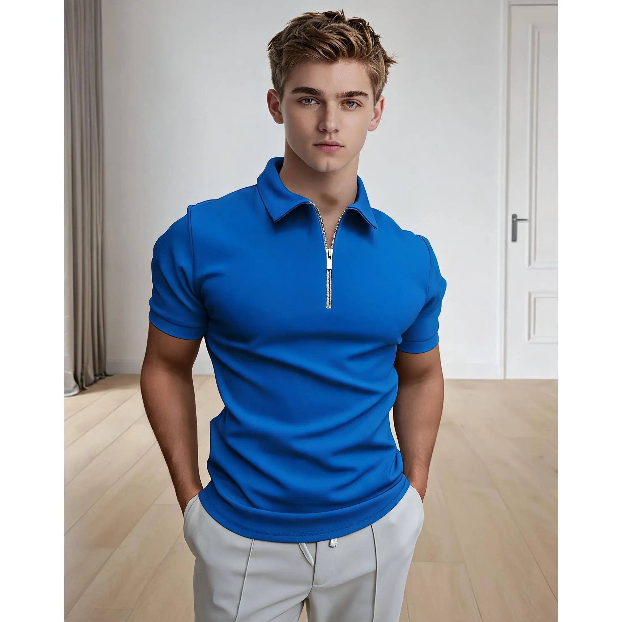 Men's Metal Zipper Polo Shirt – Slim Fit Short Sleeve Summer Casual Golf Top