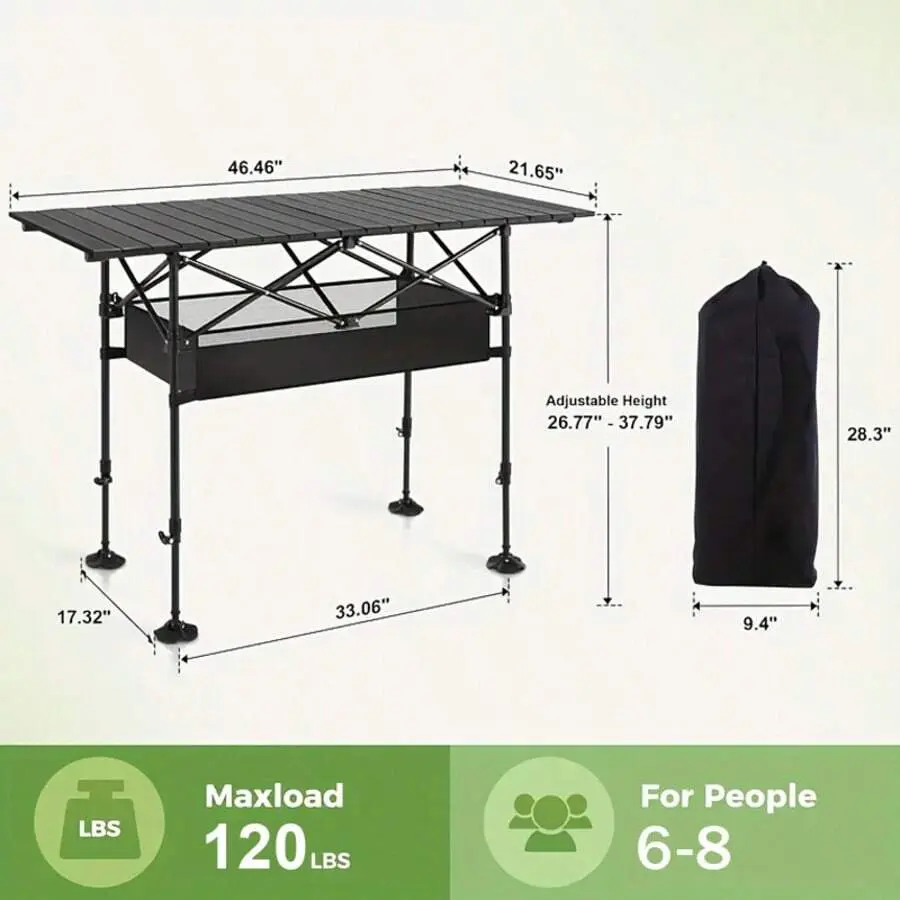 Adjustable Height Folding Iron Camping Table - Portable, Rolling Design, Easy Storage for Camping, Backyard, Indoor Use Lightweight Luggage Set with Wheels Wood Burning Camp Stove Outdoor Propane Fire Pit Table