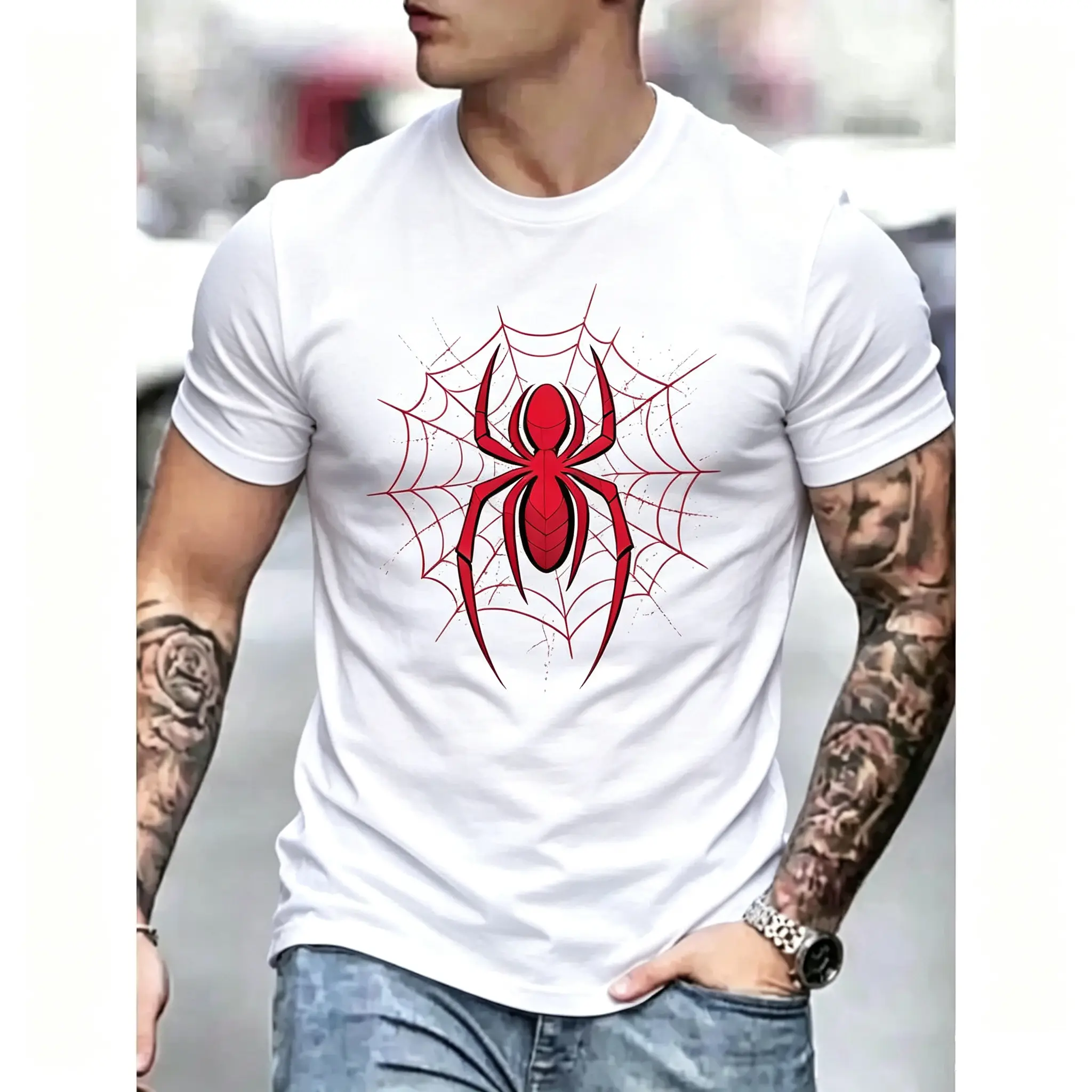 2026 Men's Spider Web Print Round Neck Tee, Summer Clothes, Regular Fit Casual Streetwear Short Sleeve T-Shirt for Summer, Summer Outfits, Men's Top for Daily Wear
