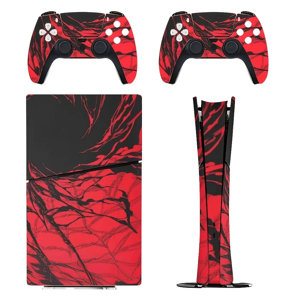 Red and Black Abstract Liquid Ink Vinyl Skin Sticker Compatible with PS5 (Disc/Digital), PS5 Slim, PS5 Pro Console and 2 Controllers, Full Cover Decal Wrap, Gift for Gamers